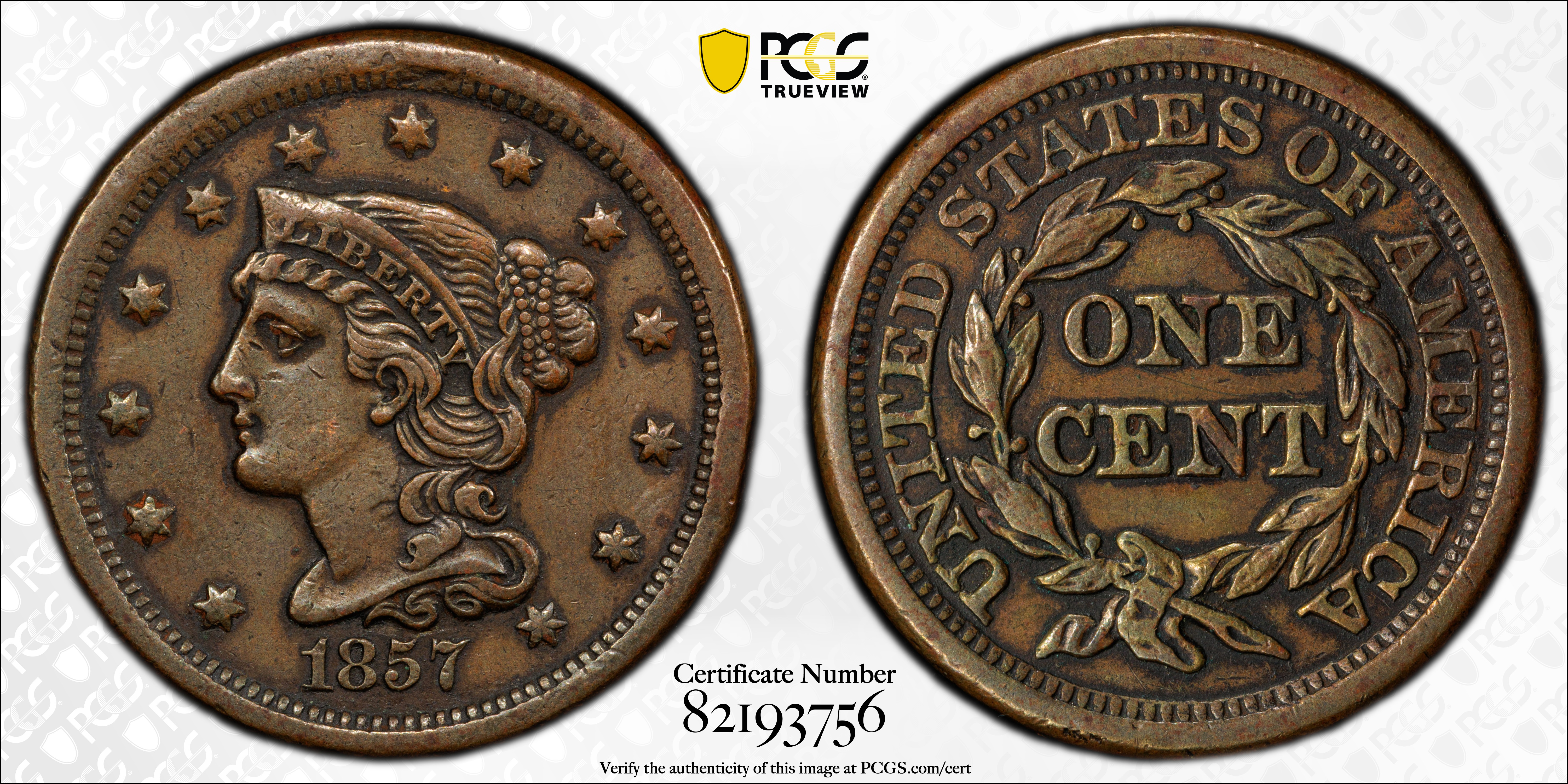 image for: 1857 Braided Hair Cent. N-2. Rarity-1. Small Date. EF-45 (PCGS).