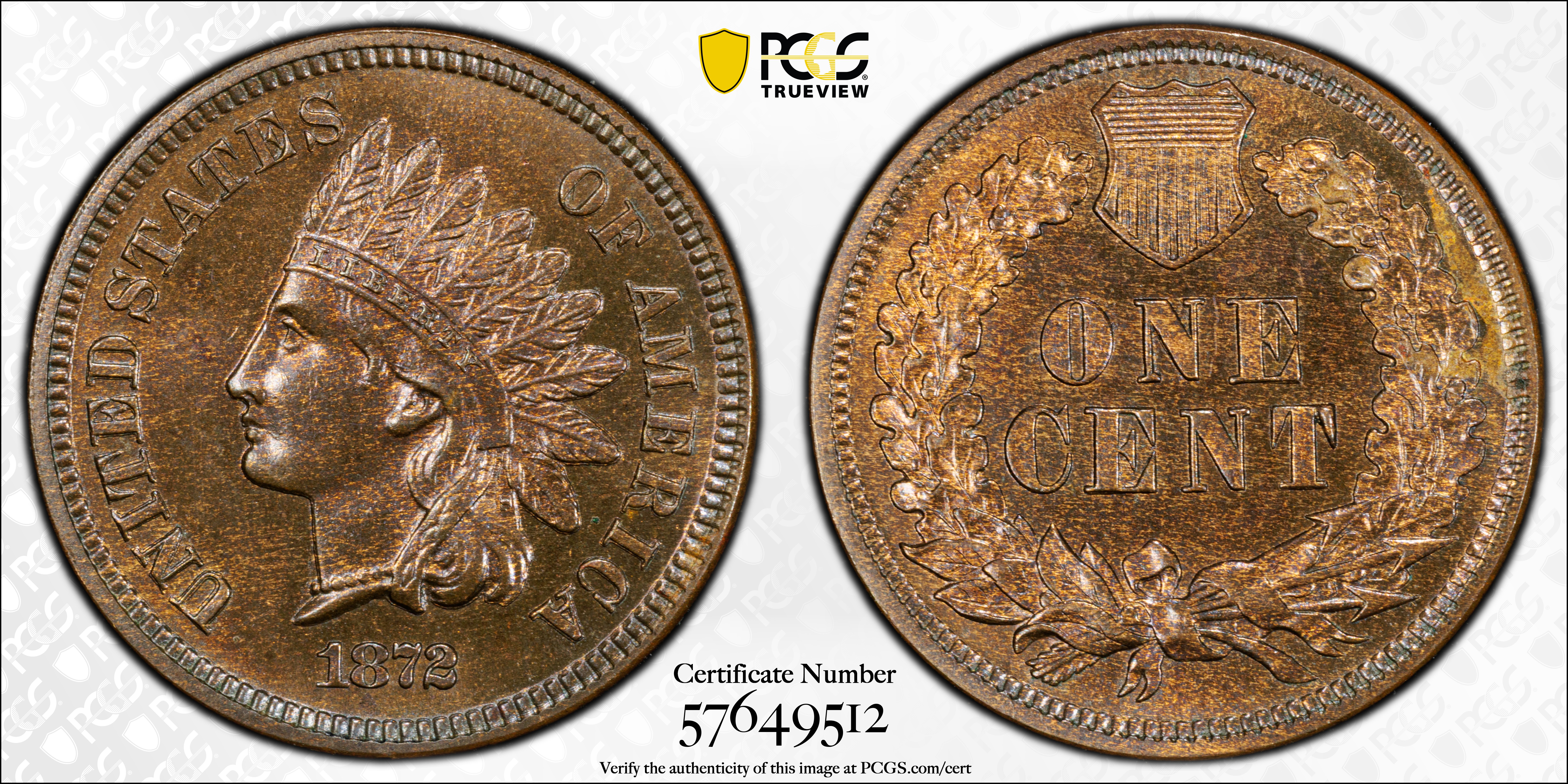 image for: 1872 Indian Cent. Proof-65 BN (PCGS).