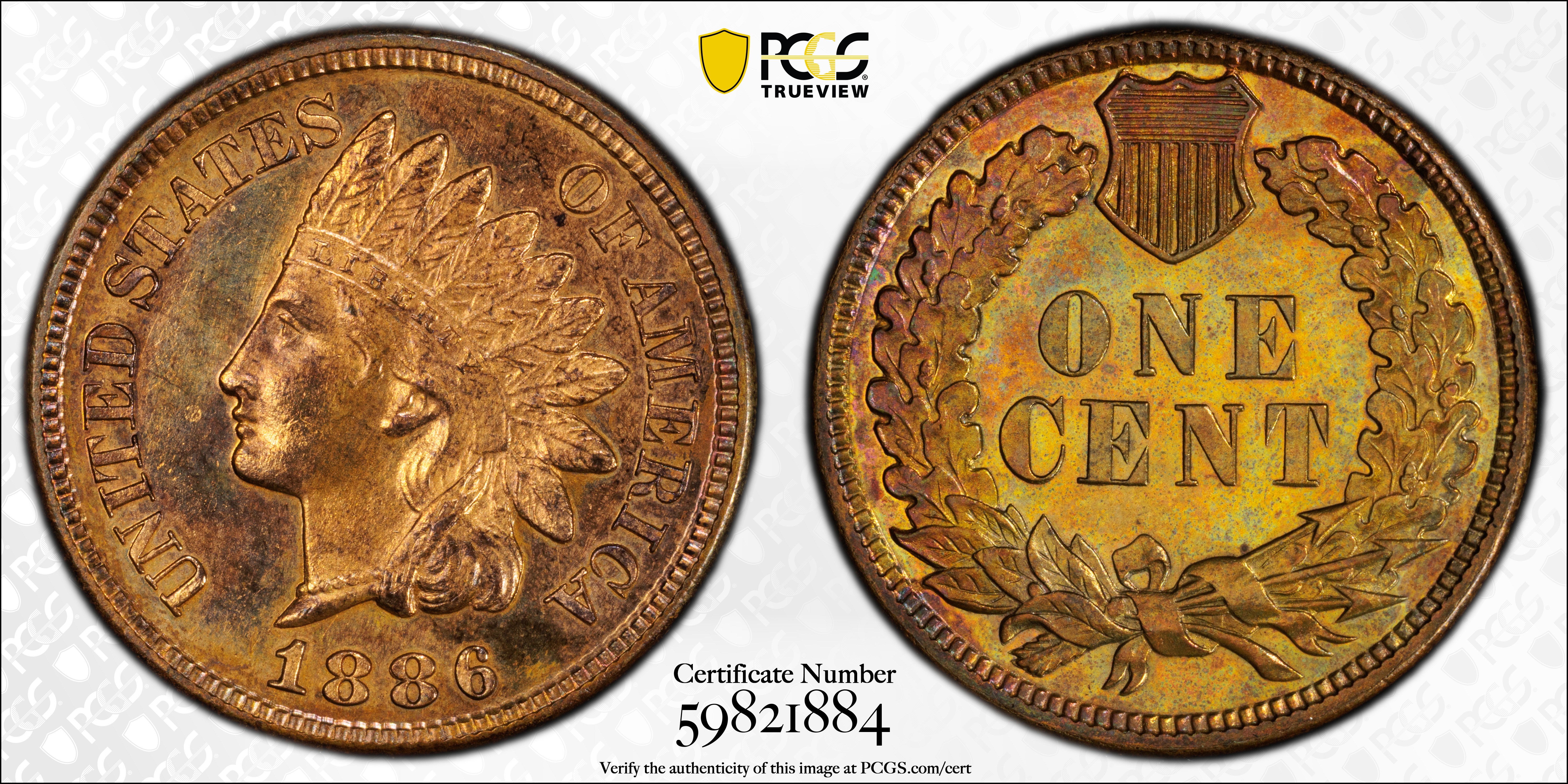 image for: 1886 Indian Cent. Type II Obverse. Proof-64 RB (PCGS).