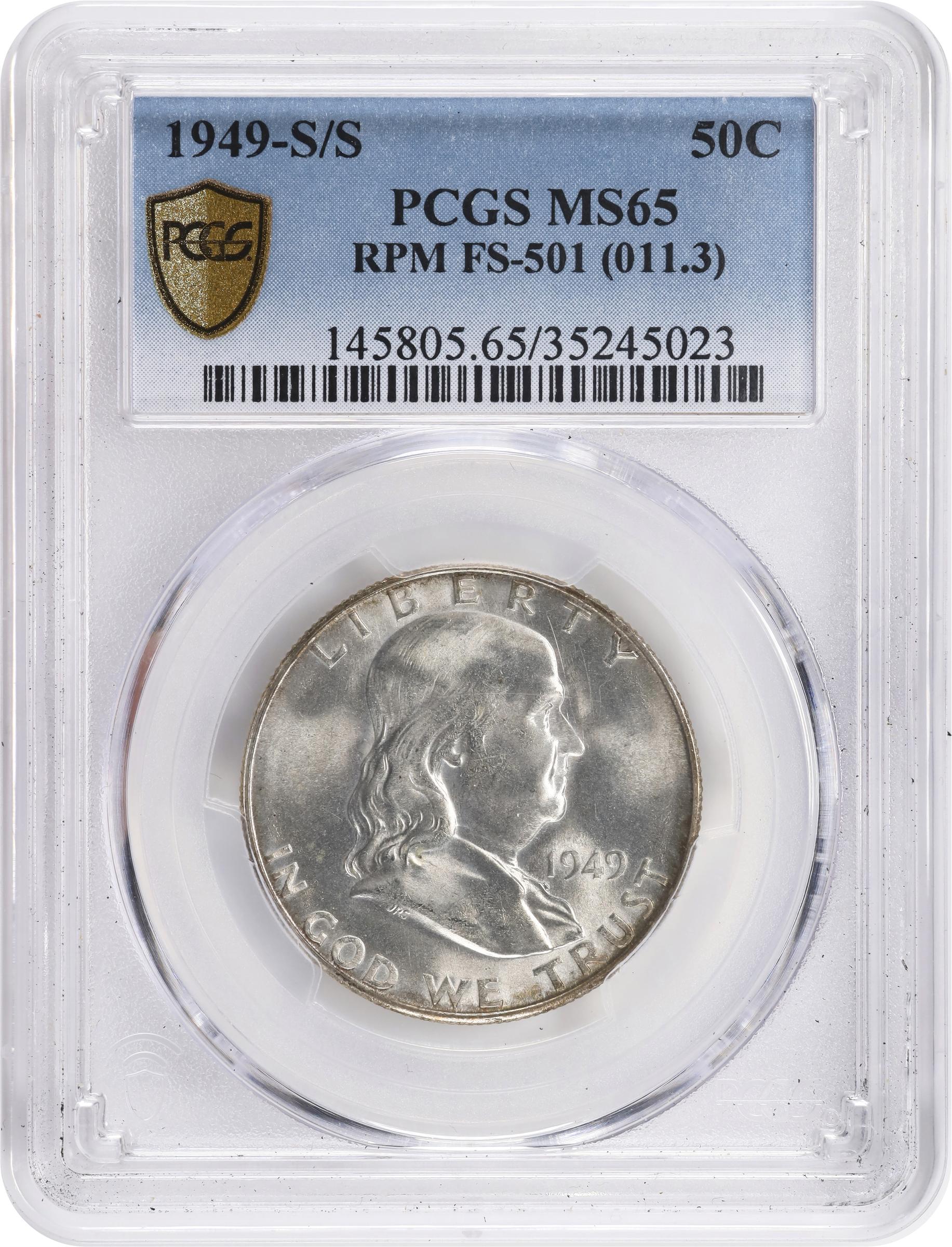 image for: 1949-S/S Franklin Half Dollar. FS-501. Repunched Mintmark. MS-65 (PCGS).
