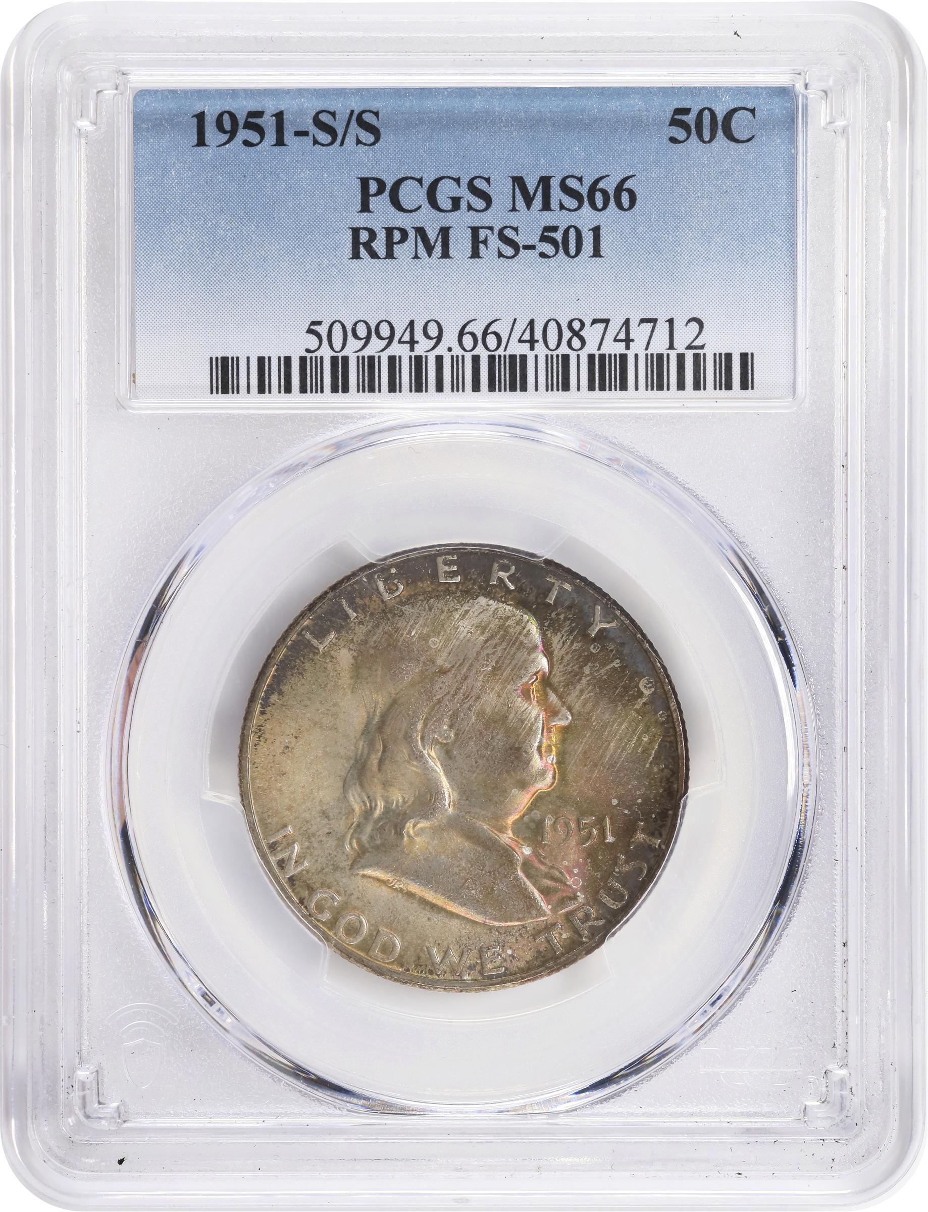 image for: 1951-S/S Franklin Half Dollar. FS-501. Repunched Mintmark. MS-66 (PCGS).