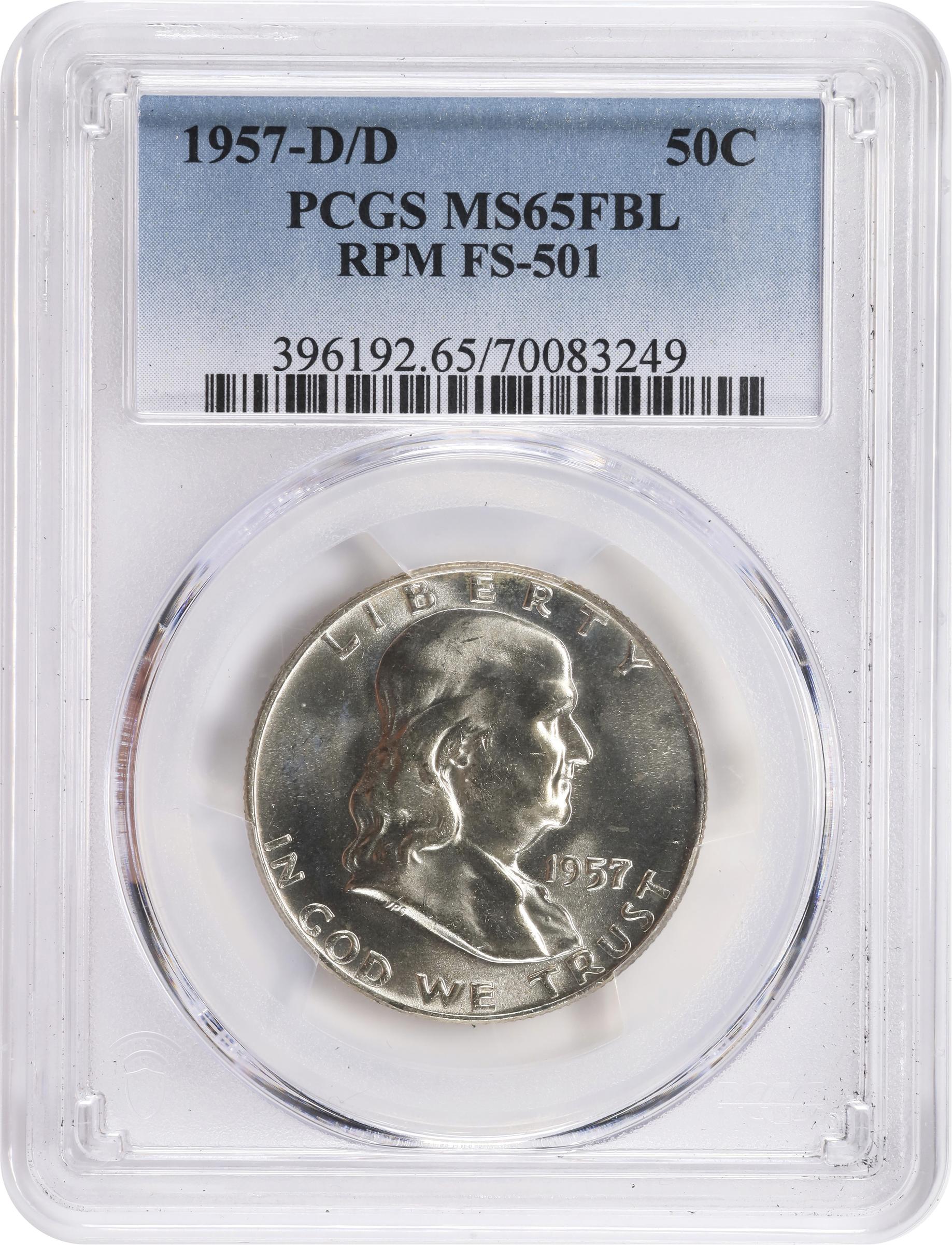 image for: 1957-D/D Franklin Half Dollar. FS-501. Repunched Mintmark. MS-65 FBL (PCGS).