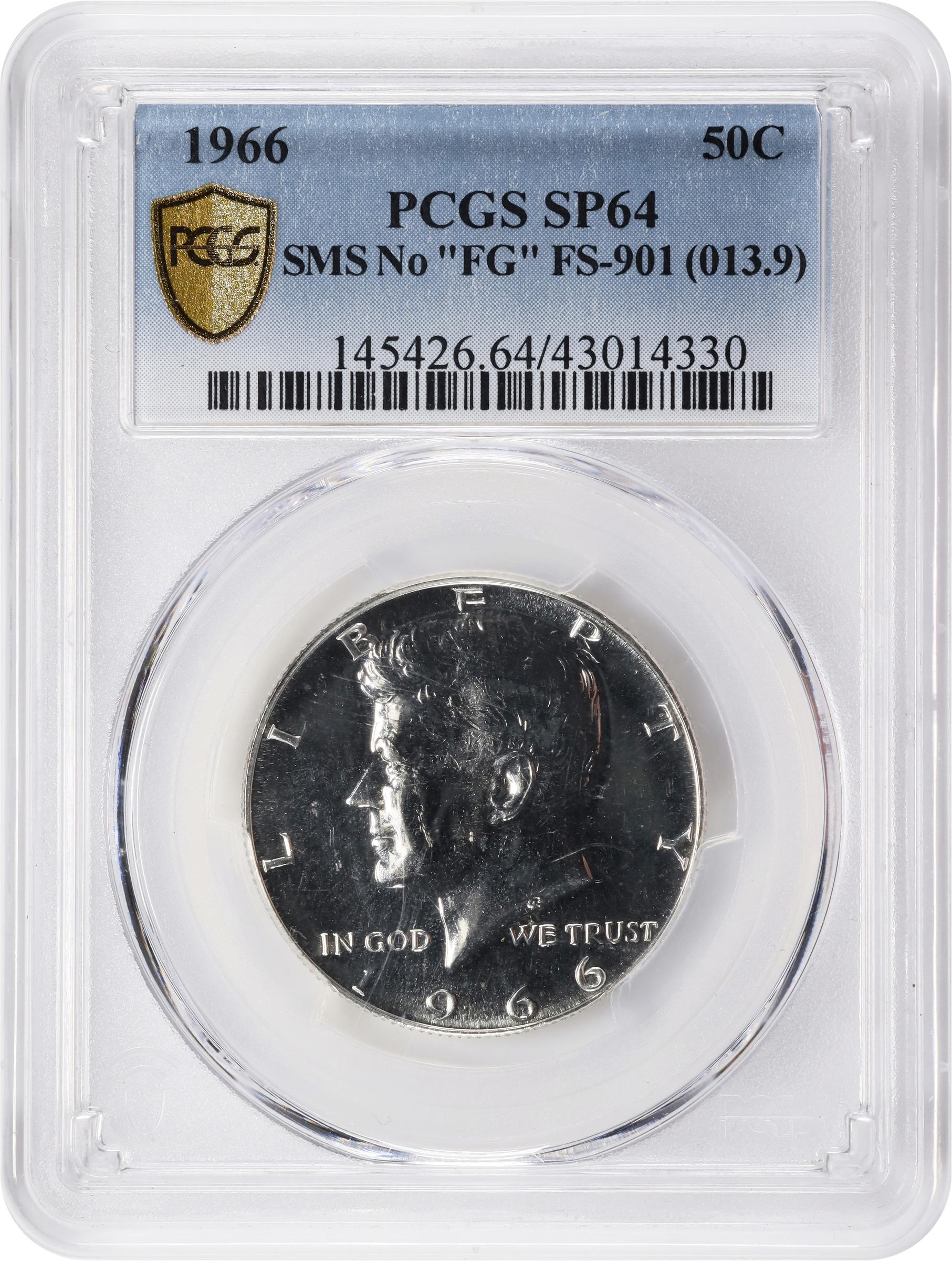 image for: 1966 Kennedy Half Dollar. SMS. FS-901. No FG. Specimen-64 (PCGS).