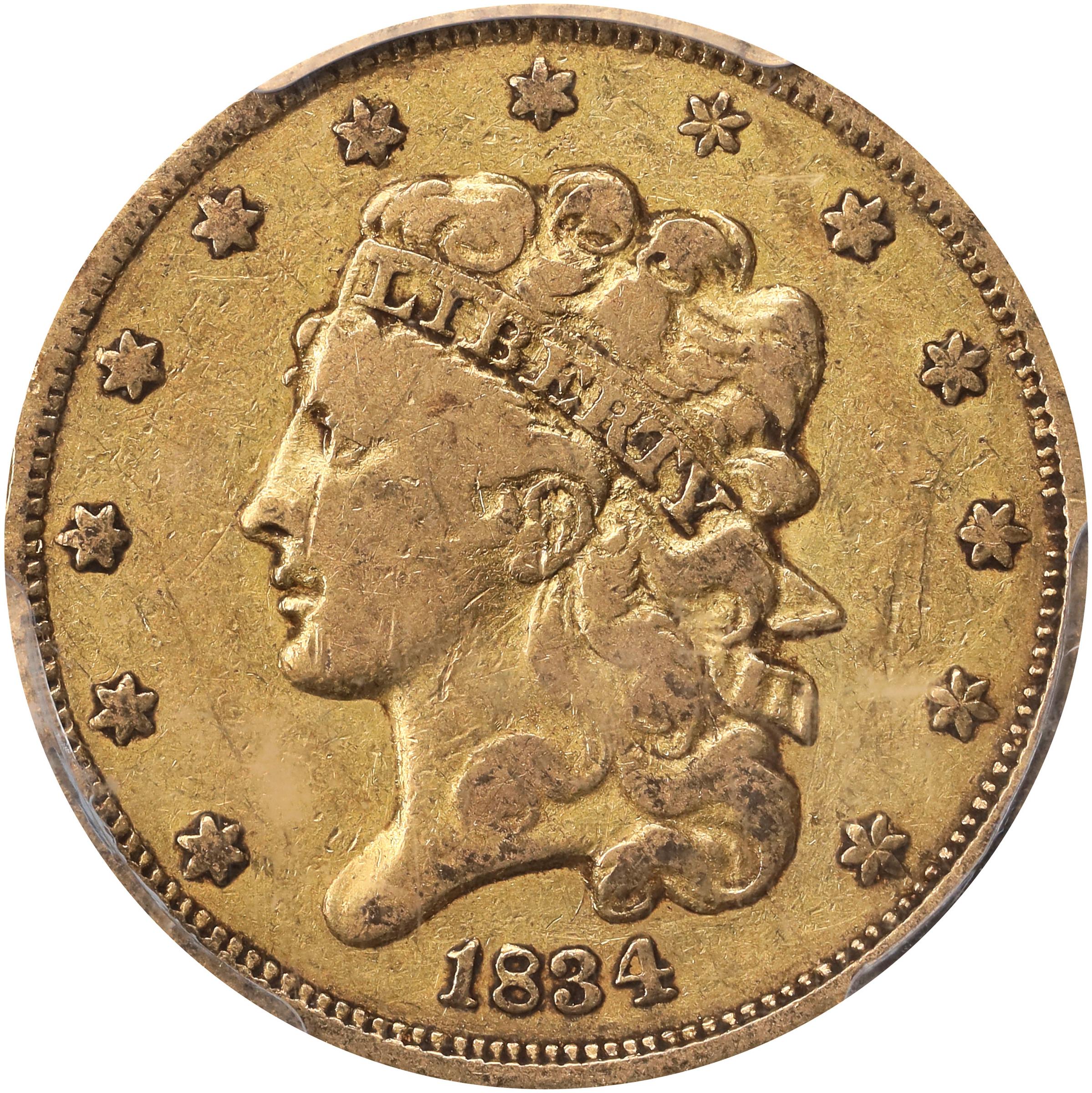 1834 Classic Head Half Eagle. HM-8. Rarity-4. Plain 4. VF-35 (PCGS).