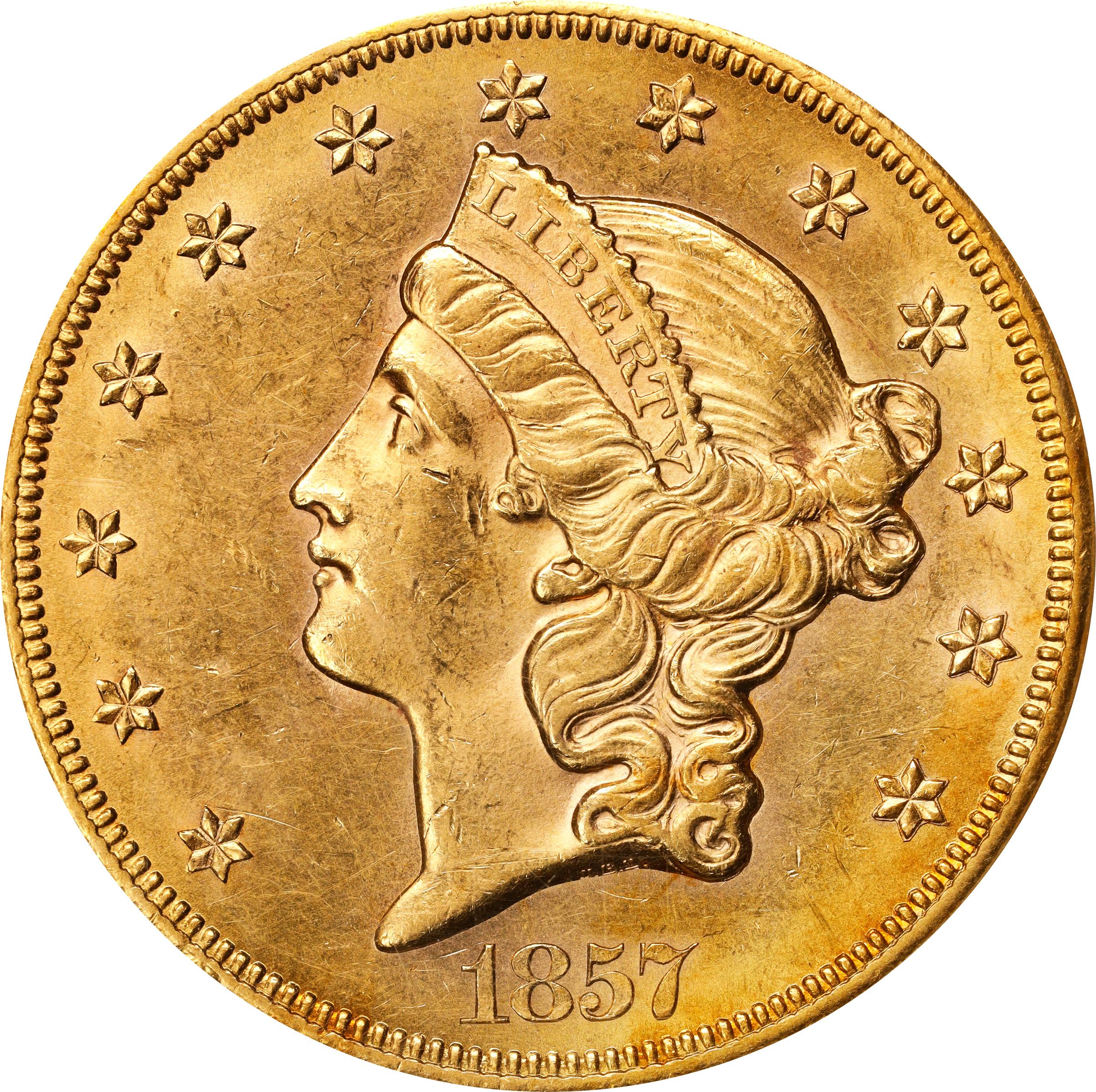 image for: 1857-S Liberty Head Double Eagle. Variety-20F. No Serif, Right S. AU-58 (PCGS). CAC. Gold S.S. Central America Label.