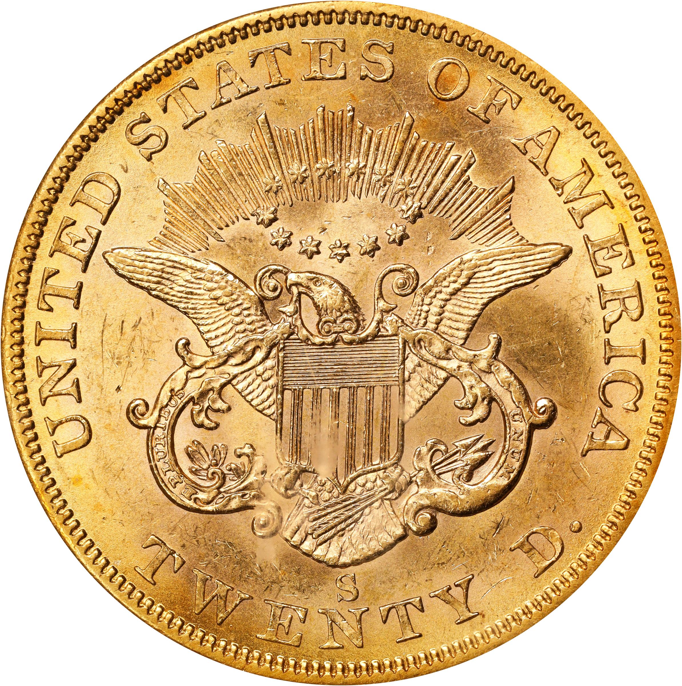 image for: 1857-S Liberty Head Double Eagle. Variety-20F. No Serif, Right S. AU-58 (PCGS). CAC. Gold S.S. Central America Label.
