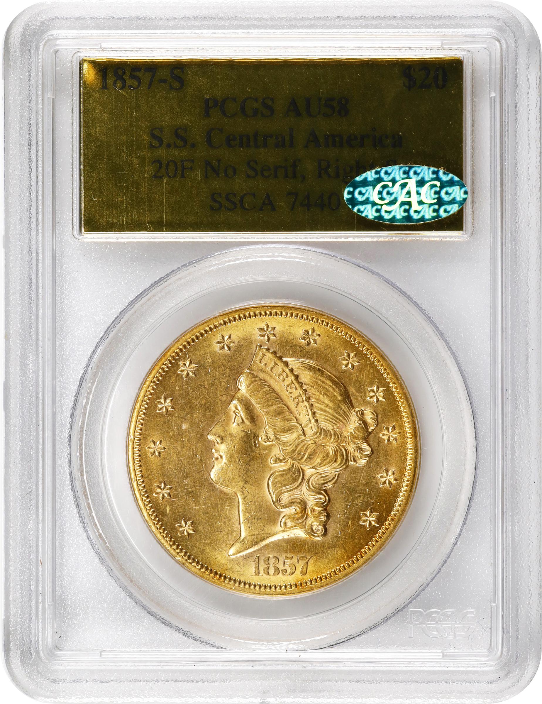 image for: 1857-S Liberty Head Double Eagle. Variety-20F. No Serif, Right S. AU-58 (PCGS). CAC. Gold S.S. Central America Label.