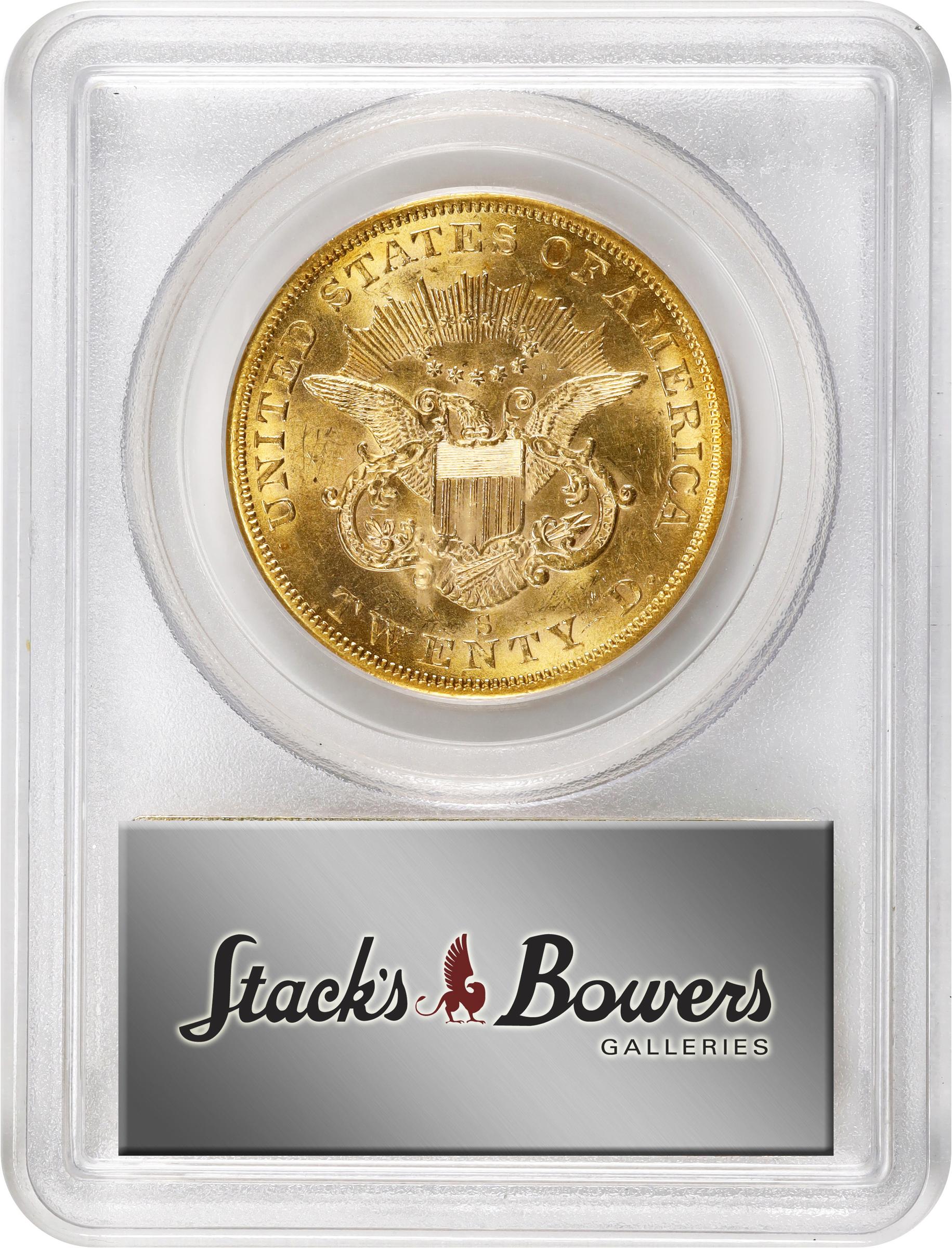 image for: 1857-S Liberty Head Double Eagle. Variety-20F. No Serif, Right S. AU-58 (PCGS). CAC. Gold S.S. Central America Label.