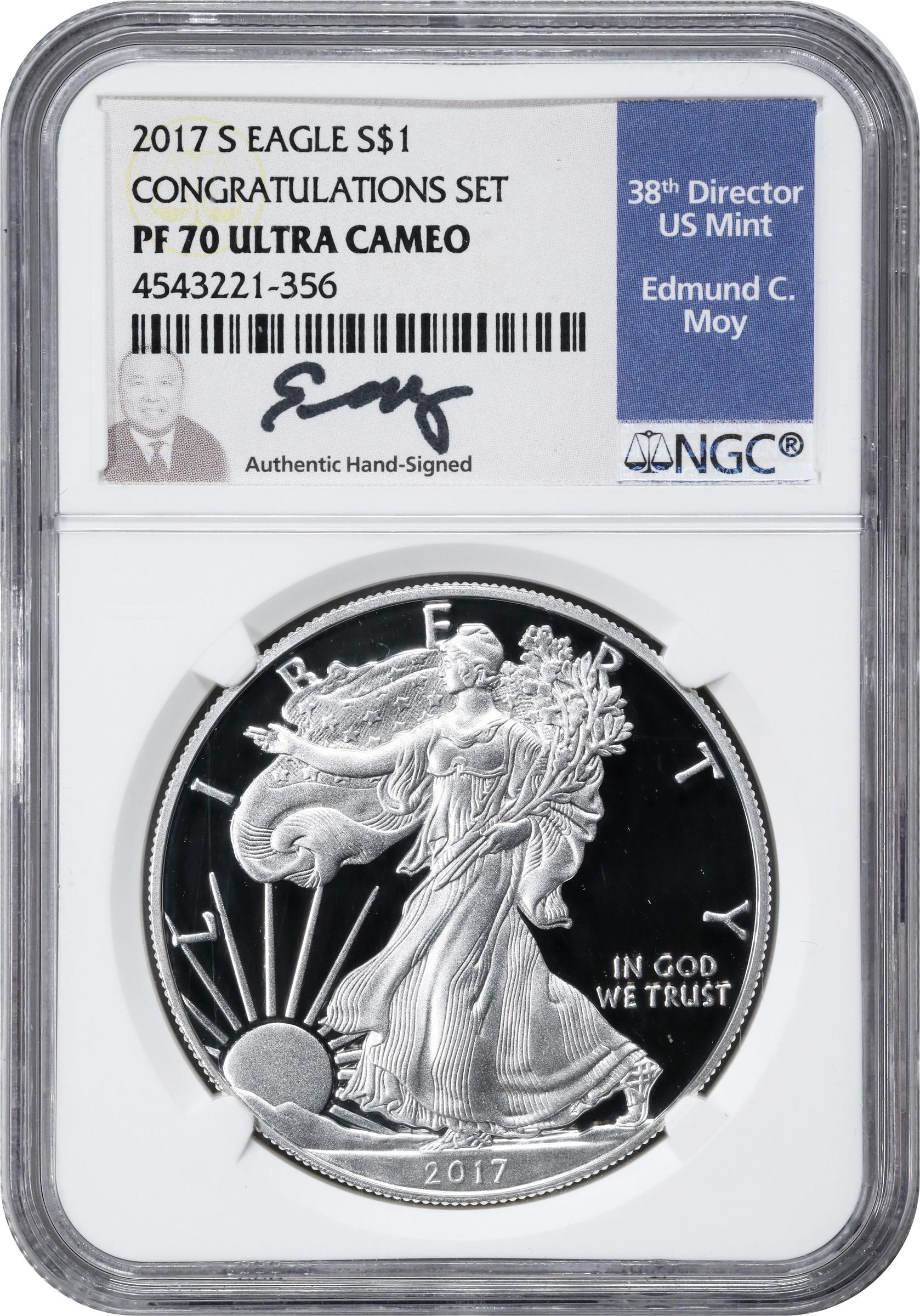 image for: 2017-S Silver Eagle. Congratulations Set. Proof-70 Ultra Cameo (NGC). 38th U.S. Mint Director Edmund C. Moy Signature.