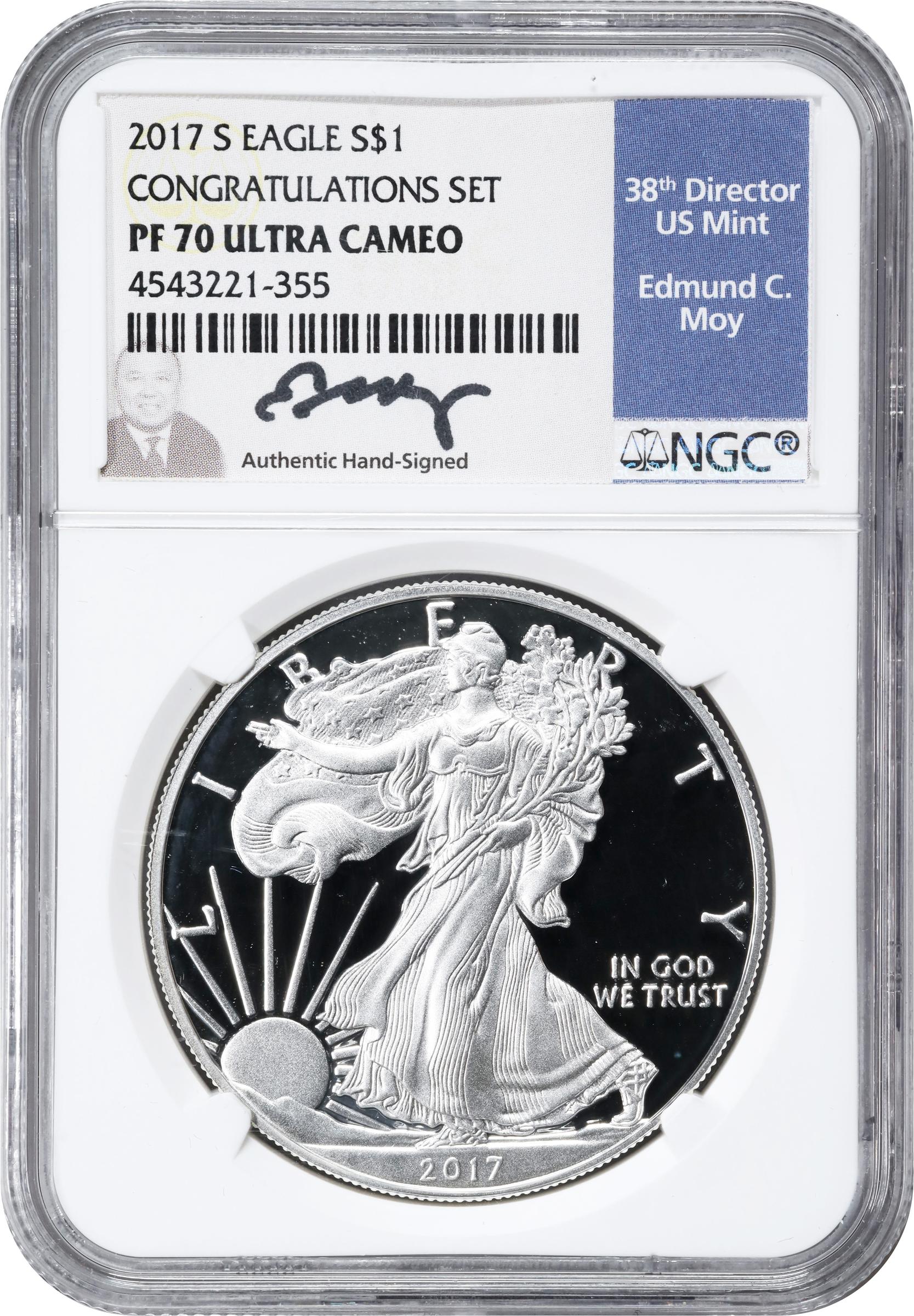 image for: 2017-S Silver Eagle. Congratulations Set. Proof-70 Ultra Cameo (NGC). 38th U.S. Mint Director Edmund C. Moy Signature.