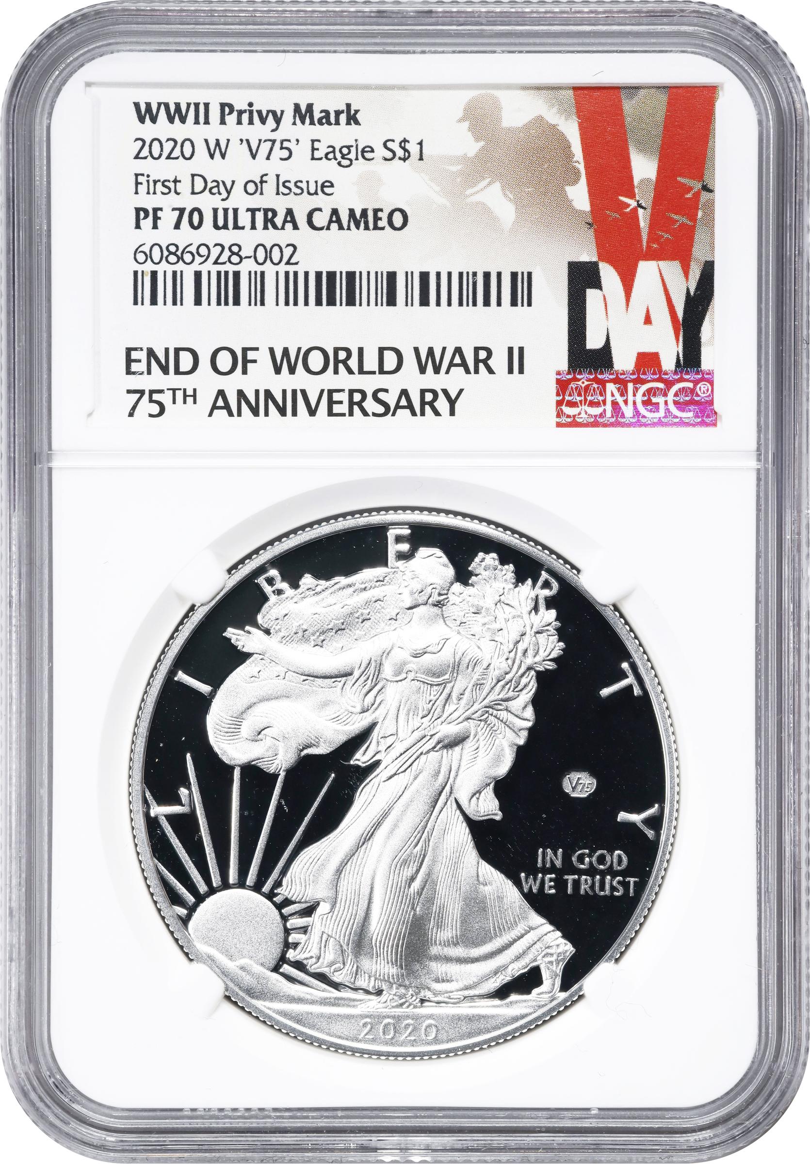 2020 W $1 Silver Eagles, Proof v75 Privy WWII Anniversary DCAM