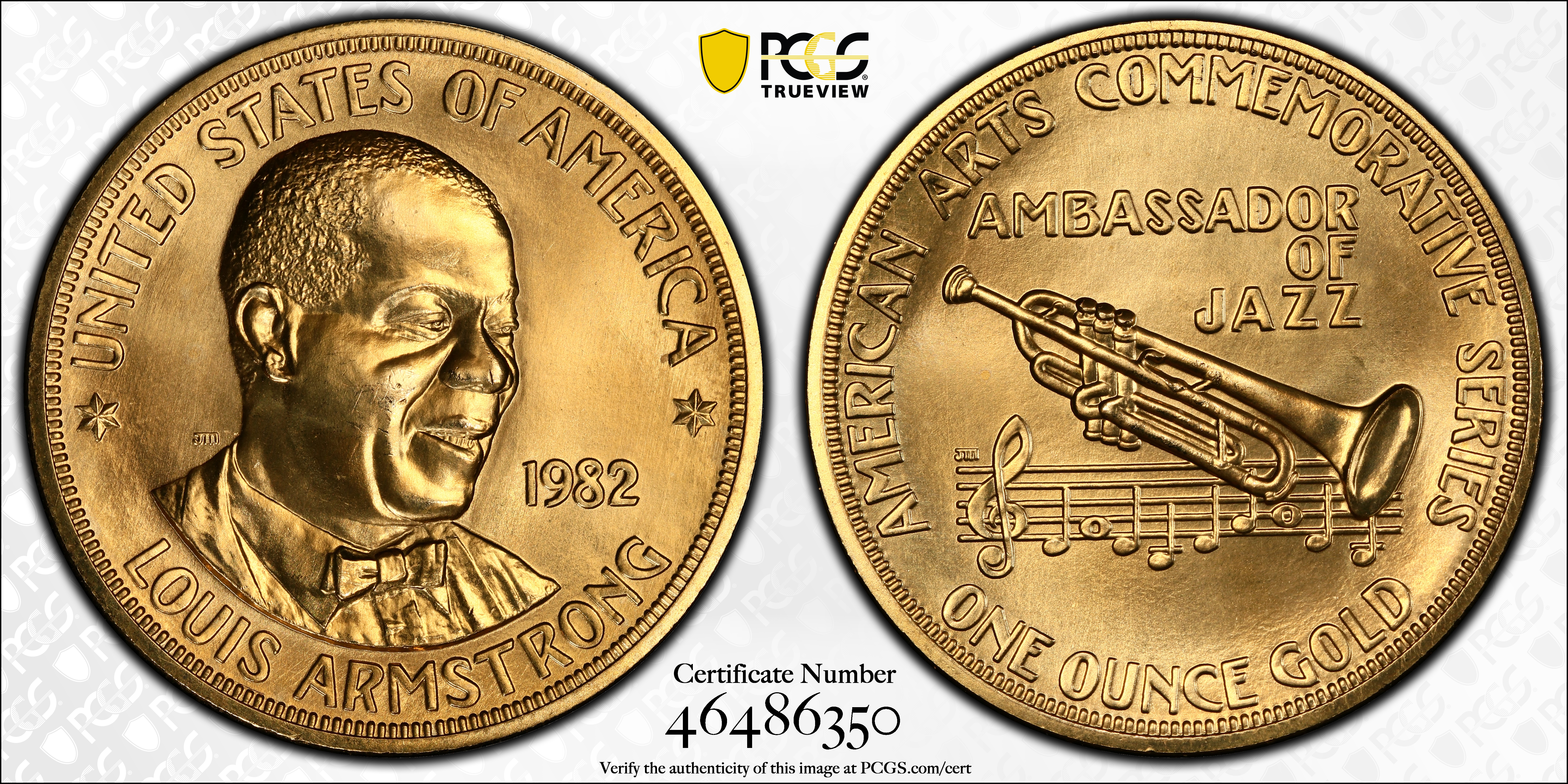 image for: 1982 One-Ounce American Arts Gold Medallion. Louis Armstrong. MS-66 (PCGS).