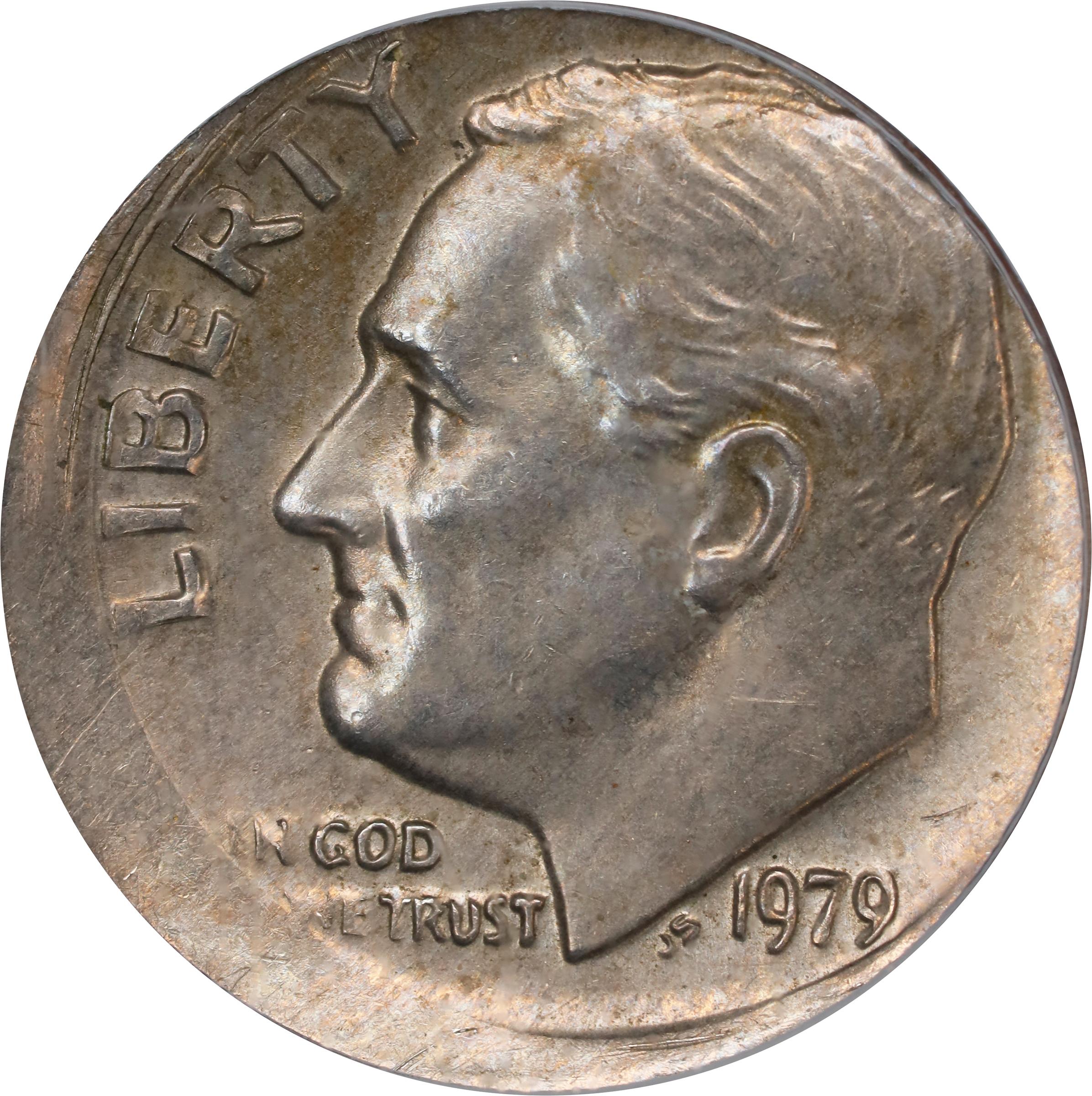 image for: 1979 Roosevelt Dime. Struck 5% Off Center. AU-58 (PCGS).