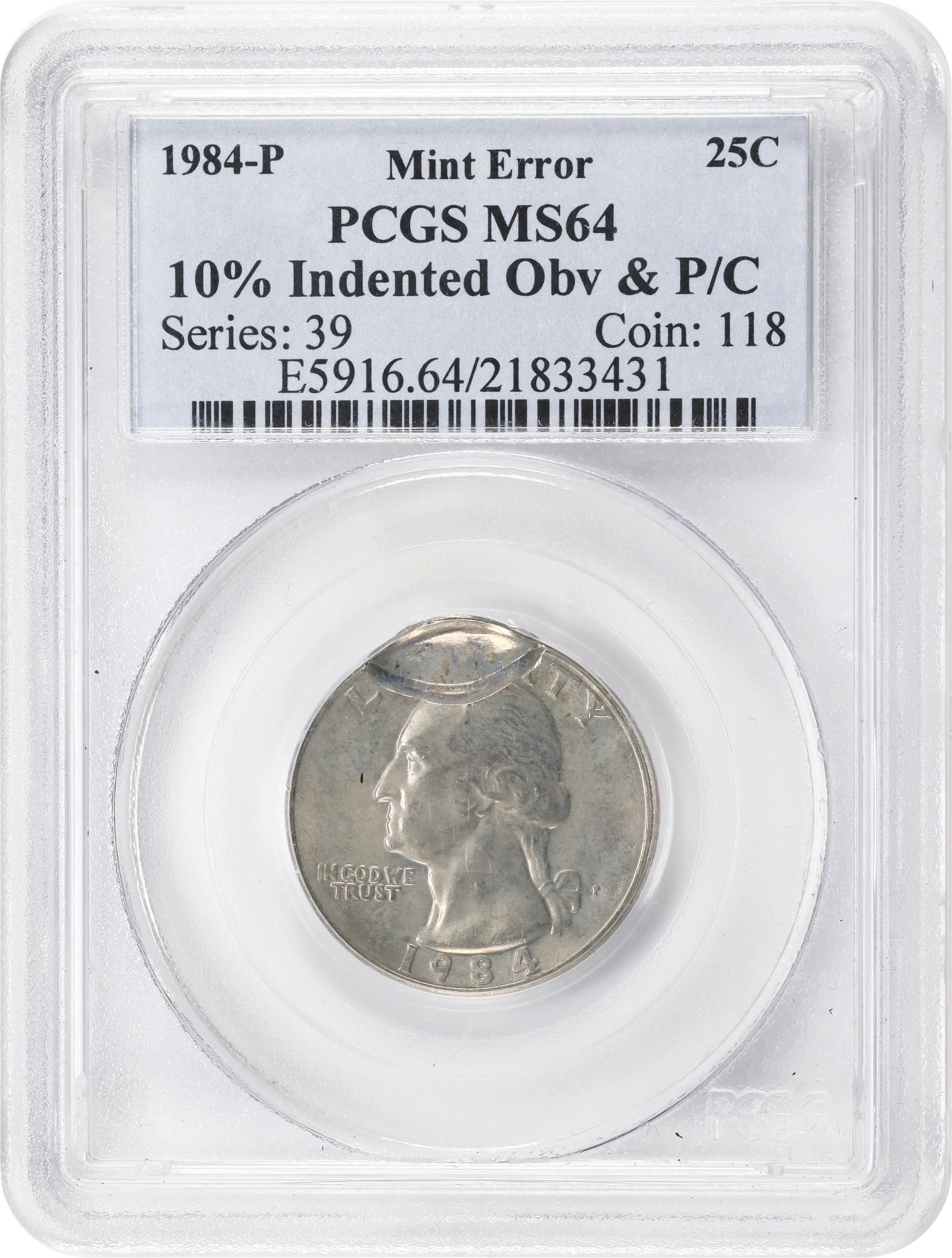 image for: 1984-P Washington Quarter. Obverse Indent. MS-64 (PCGS).