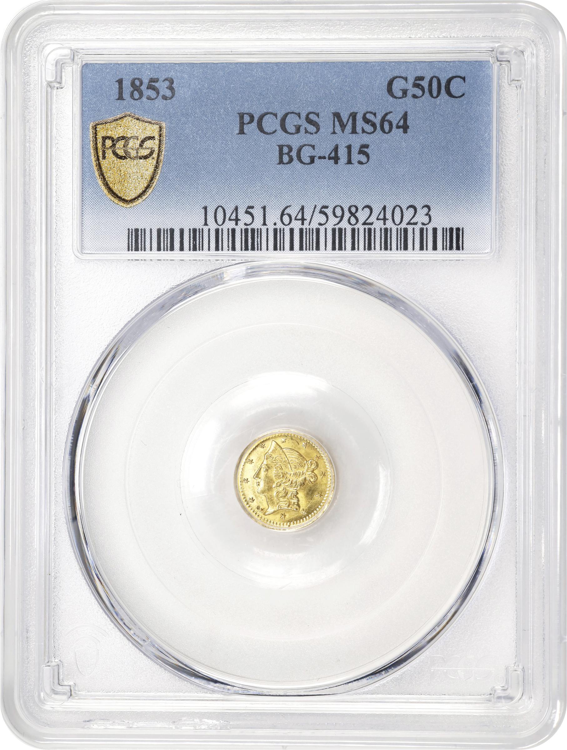 image for: 1853 Round 50 Cents. BG-415. Rarity-5-. Liberty Head. MS-64 (PCGS).