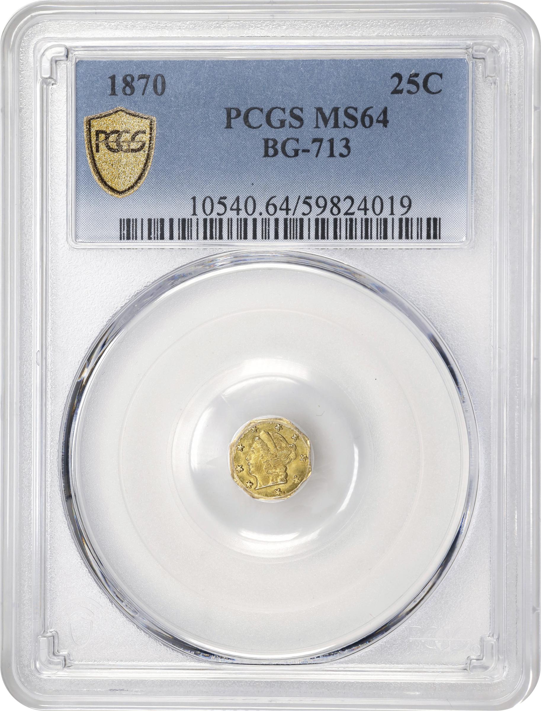 image for: 1870 Octagonal 25 Cents. BG-713. Rarity-4. Liberty Head. MS-64 (PCGS).