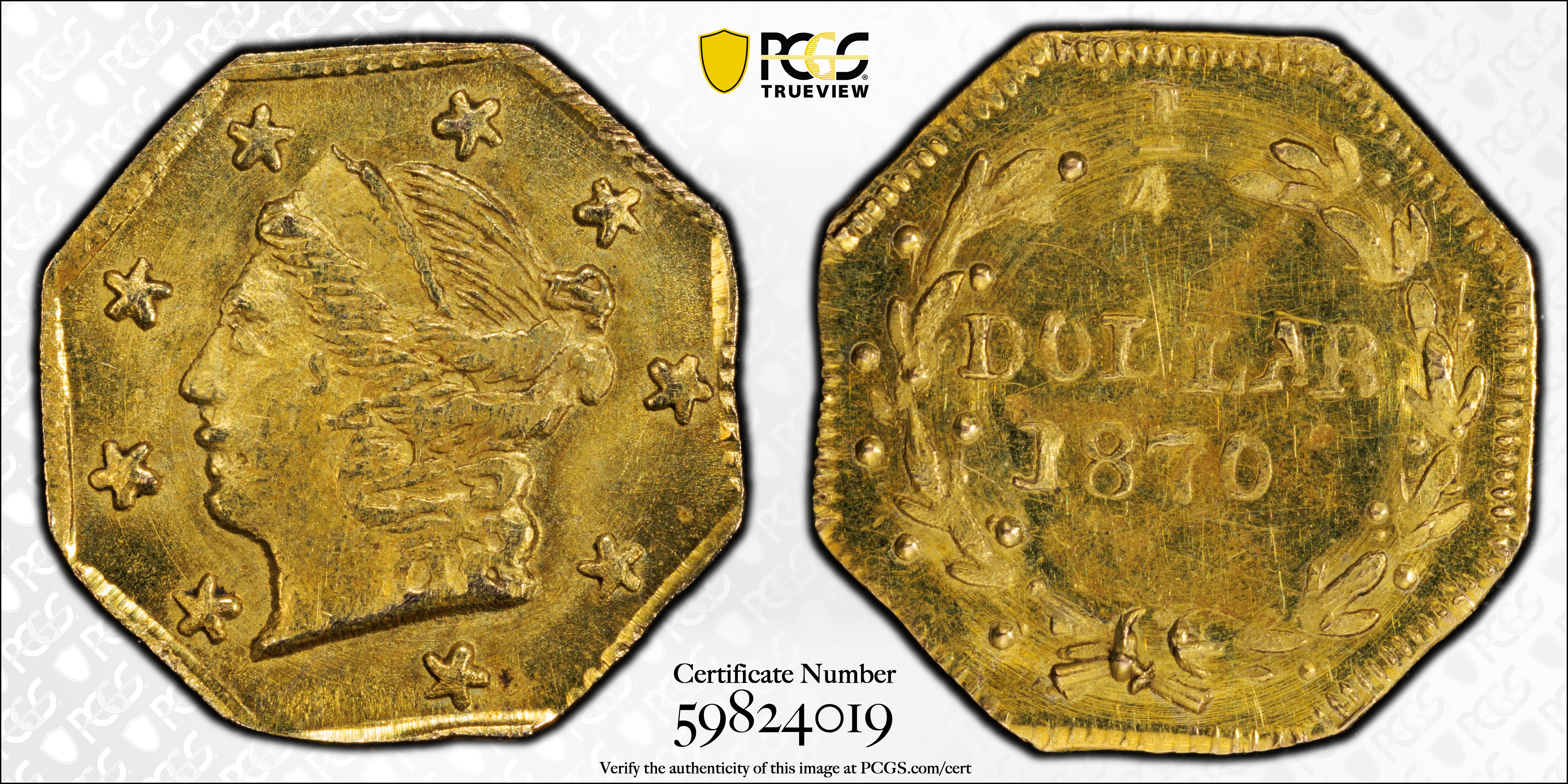 image for: 1870 Octagonal 25 Cents. BG-713. Rarity-4. Liberty Head. MS-64 (PCGS).