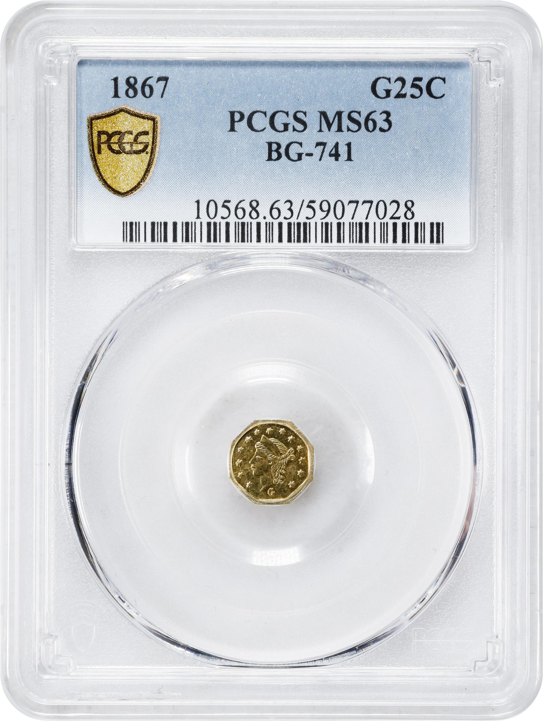 image for: 1867-G Octagonal 25 Cents. BG-741. Rarity-5. Liberty Head. MS-63 (PCGS).