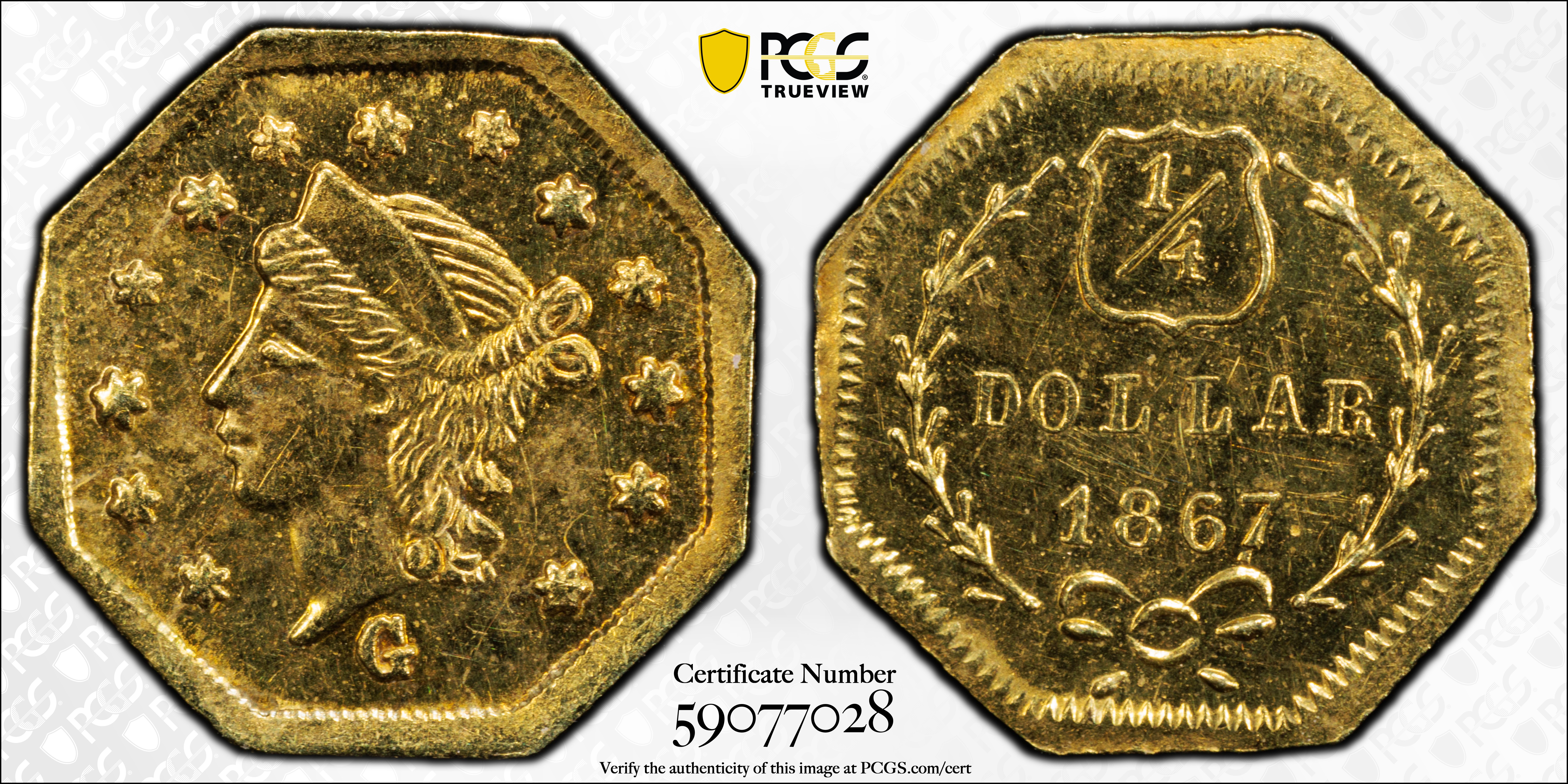 image for: 1867-G Octagonal 25 Cents. BG-741. Rarity-5. Liberty Head. MS-63 (PCGS).