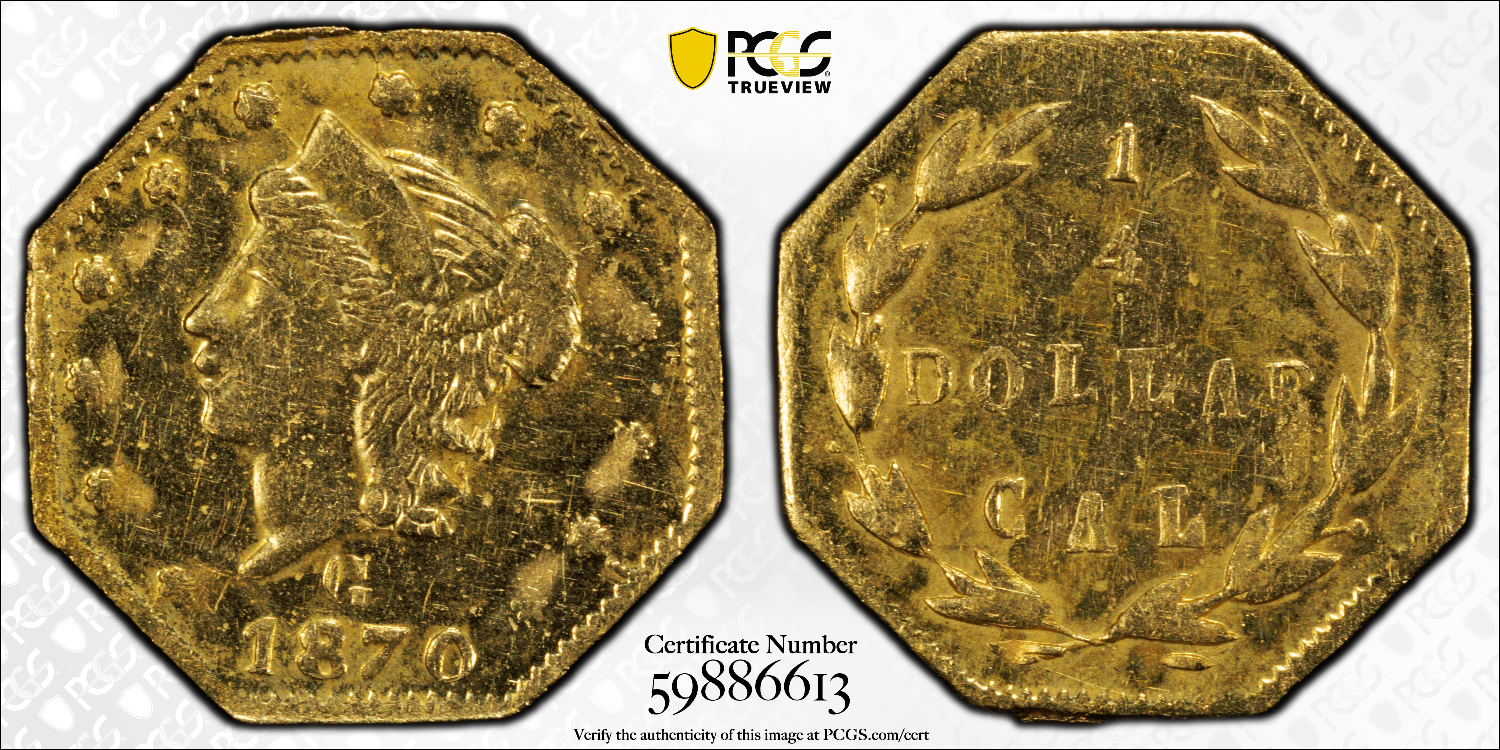 image for: 1870 Octagonal 25 Cents. BG-763. Rarity-4-. Liberty Head. MS-62 (PCGS).