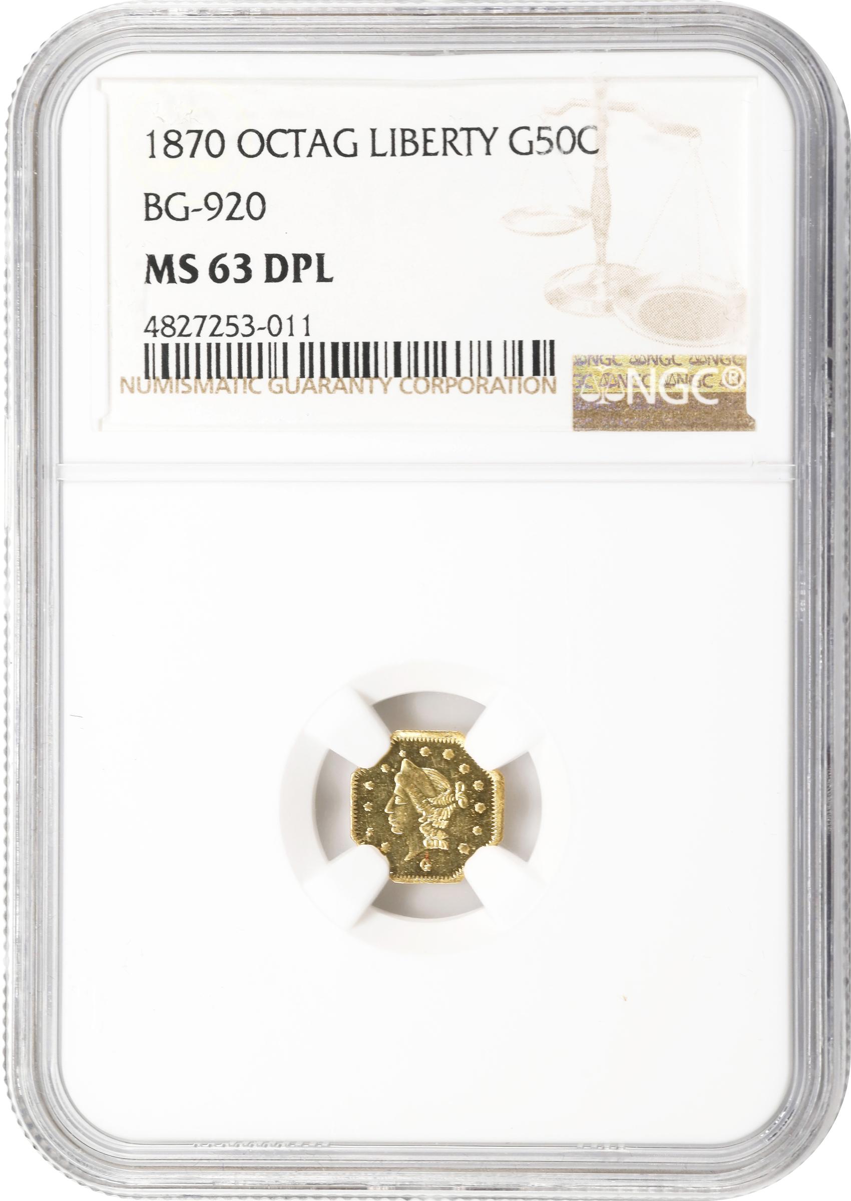 image for: 1870 Octagonal 50 Cents. BG-920. Rarity-4+. Liberty Head. MS-63 DPL (NGC).