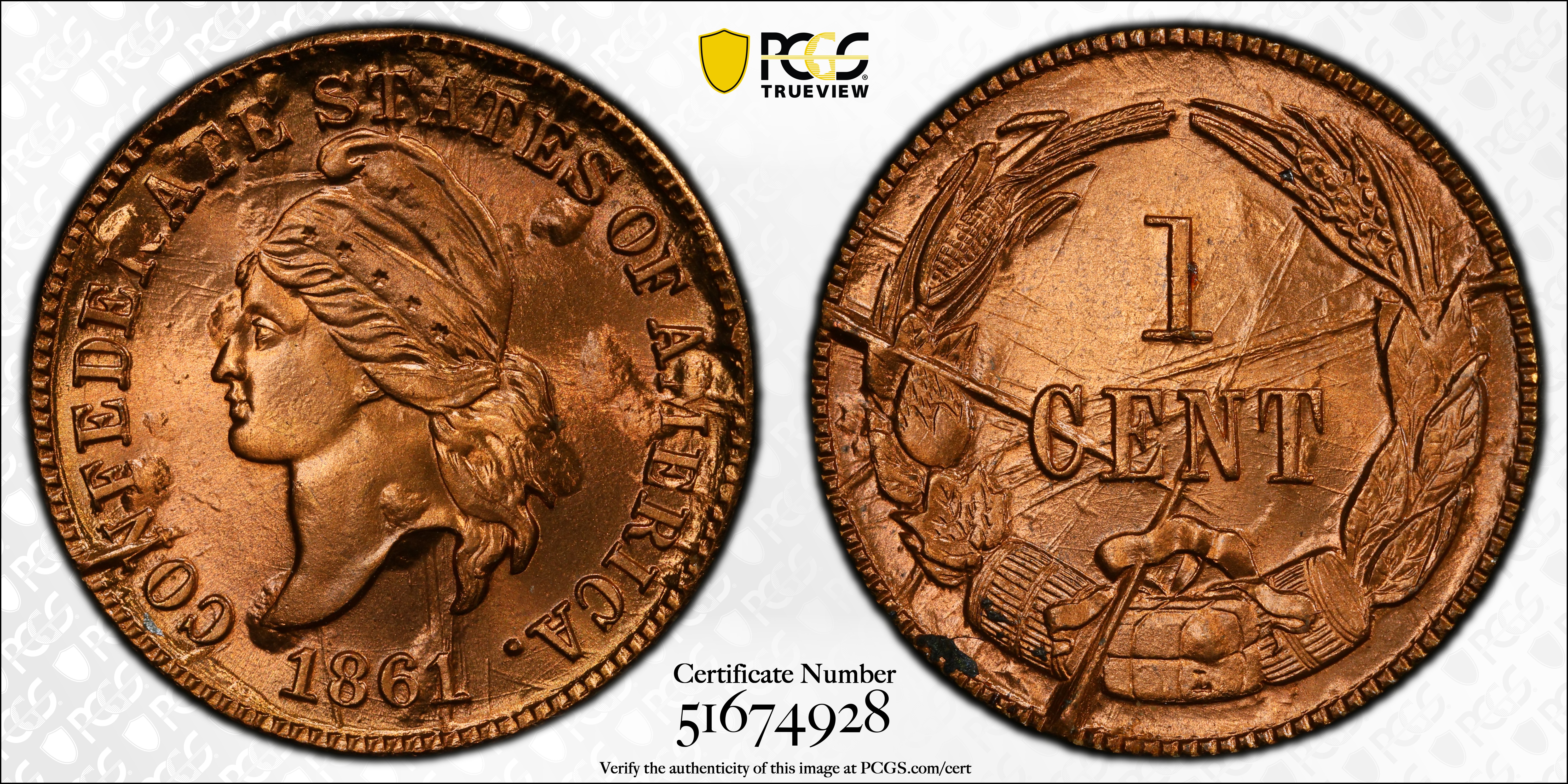 image for: "1861" (1961) Confederate Cent. Bashlow Restrike. Breen-8013. Bronze. MS-68 RD (PCGS).
