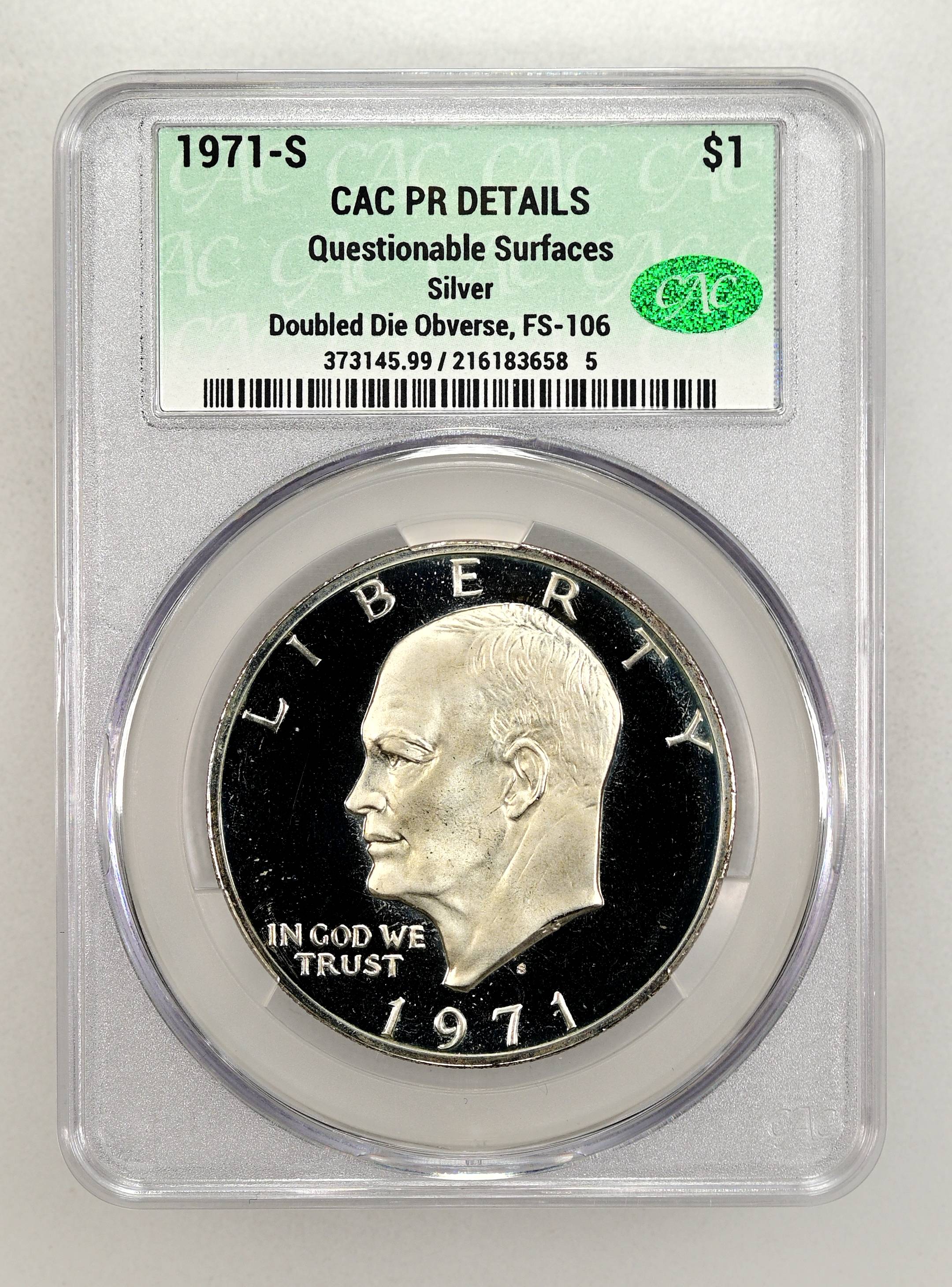 1971 S Eisenhower Dollar, Proof Silver, Doubled Die Obverse FS 106