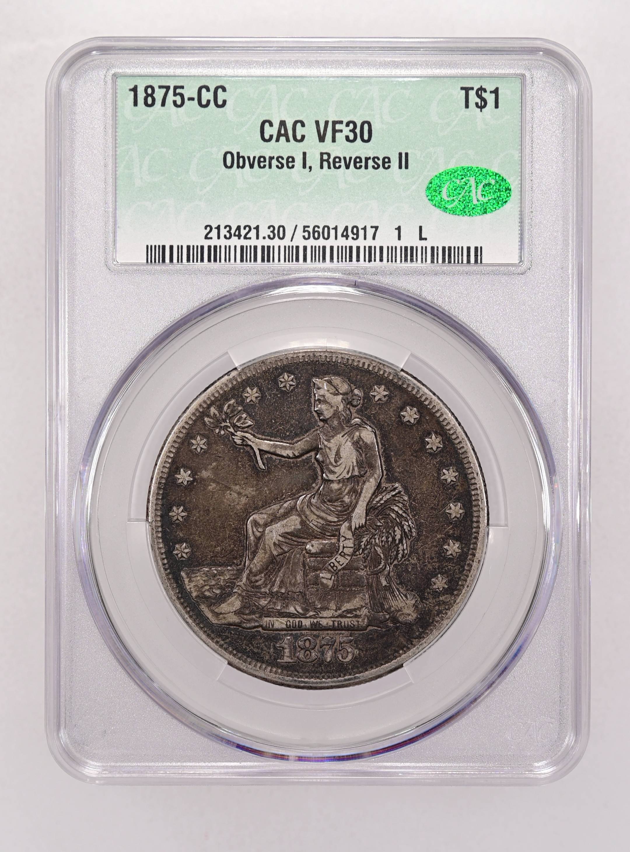 1875 CC Trade Dollar Obverse I, Reverse II Mint State (MS