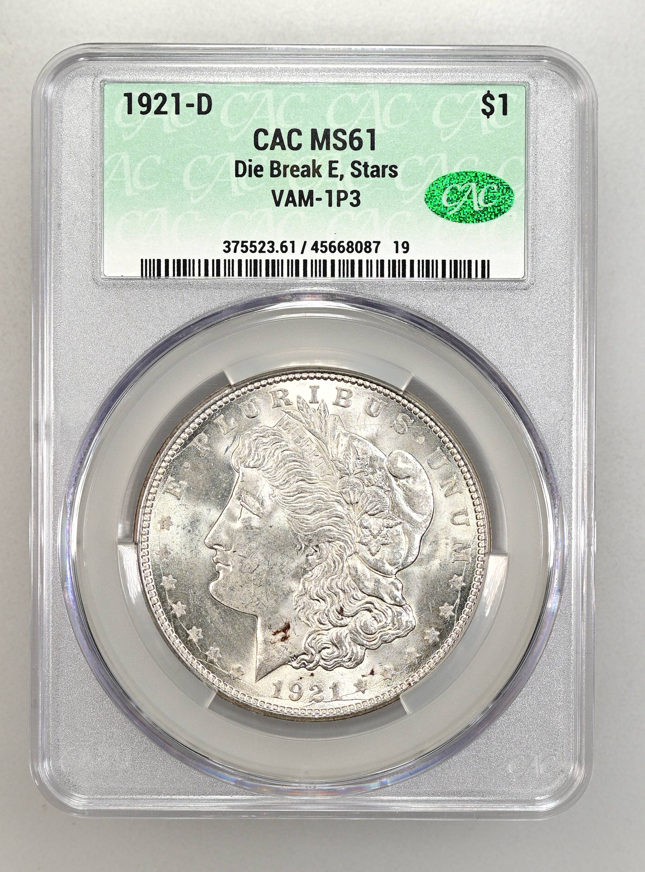 1921 D Morgan Dollar Die Break E, Stars VAM 1P3 Mint State