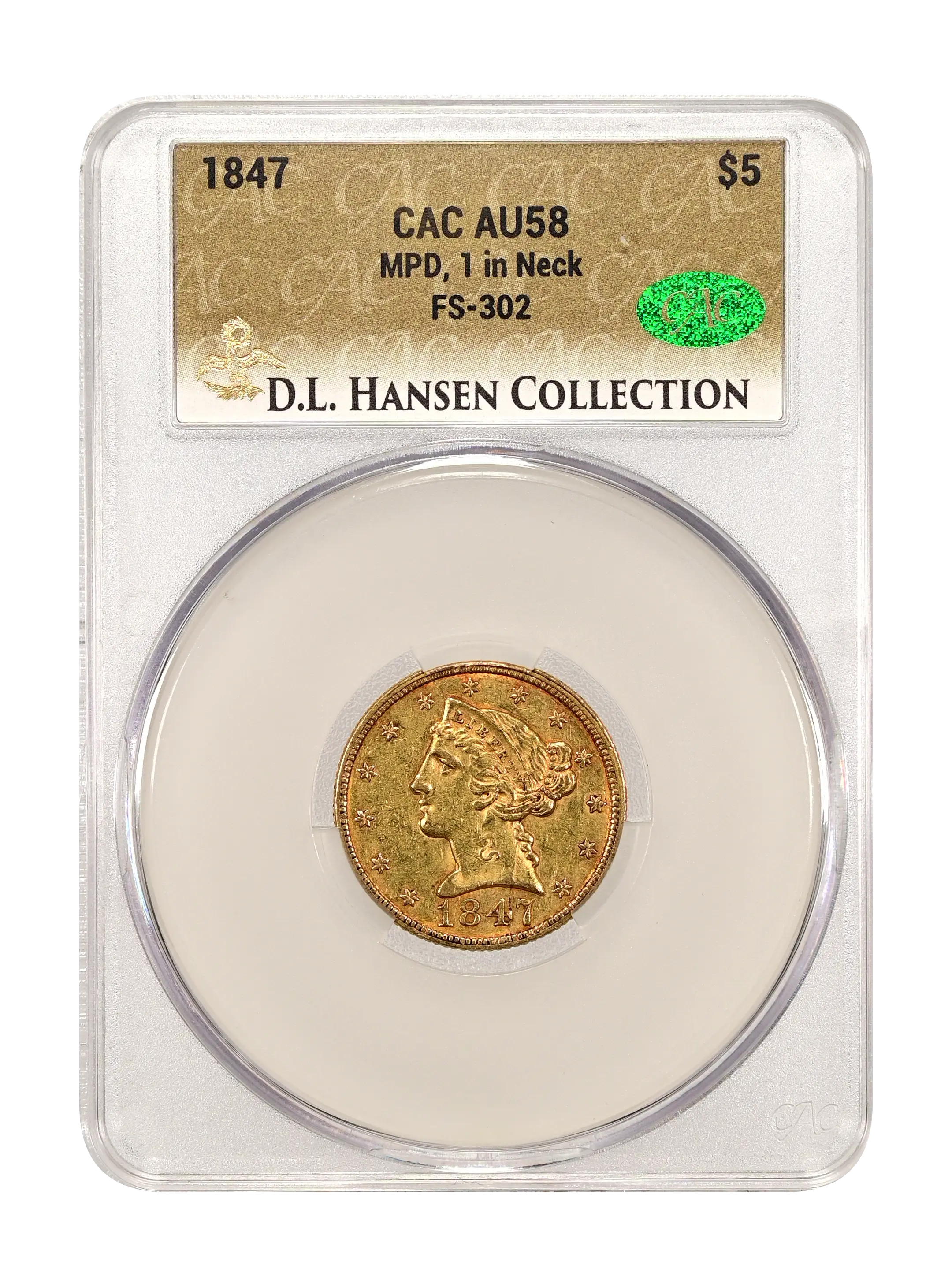 1847 $5 Liberty Gold – No Motto MPD, 1 in Neck FS 302 Mint