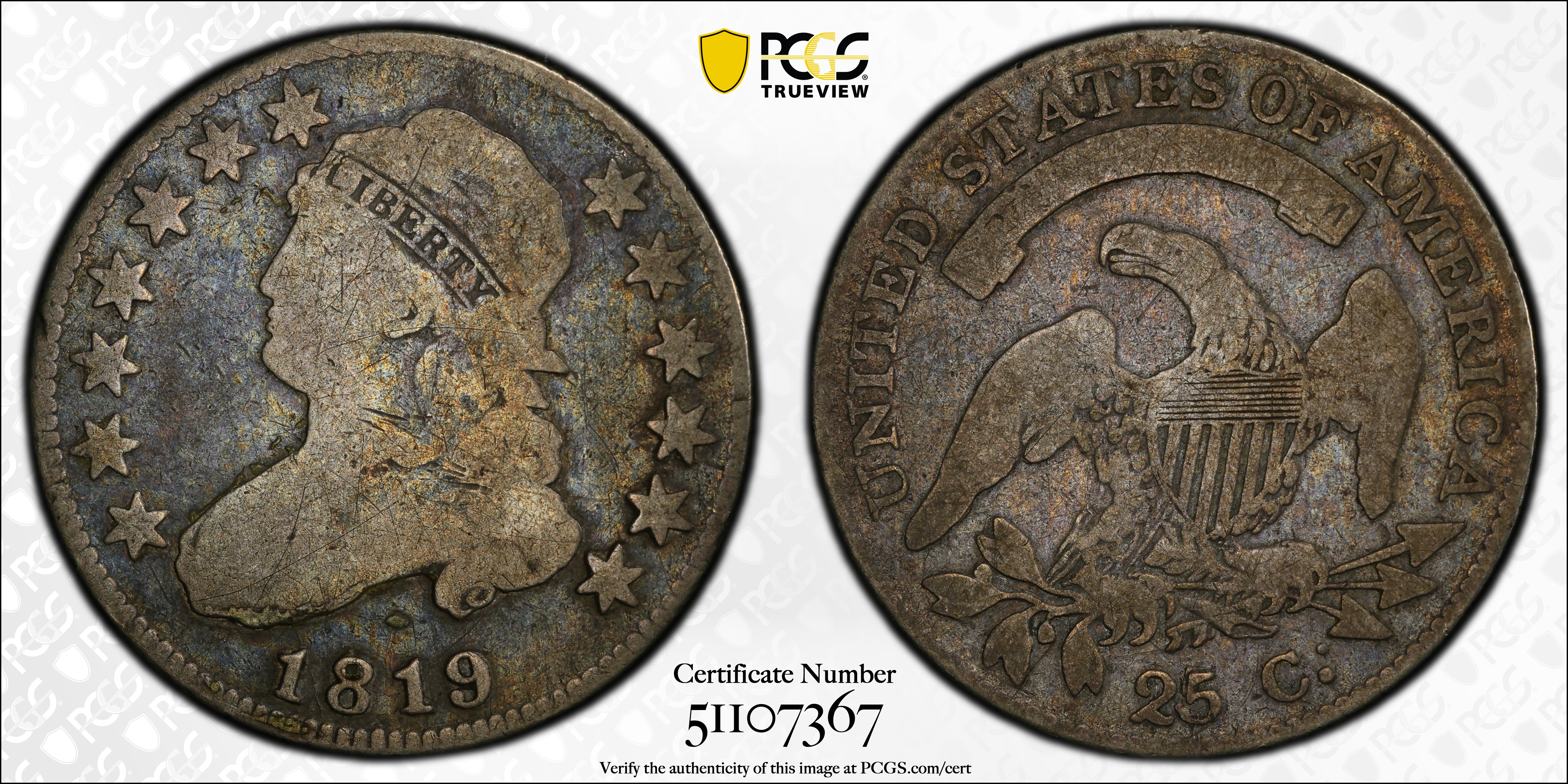 image for: 1819 Capped Bust Quarter. B-3. Rarity-1. Small 9. Good-6 (PCGS).