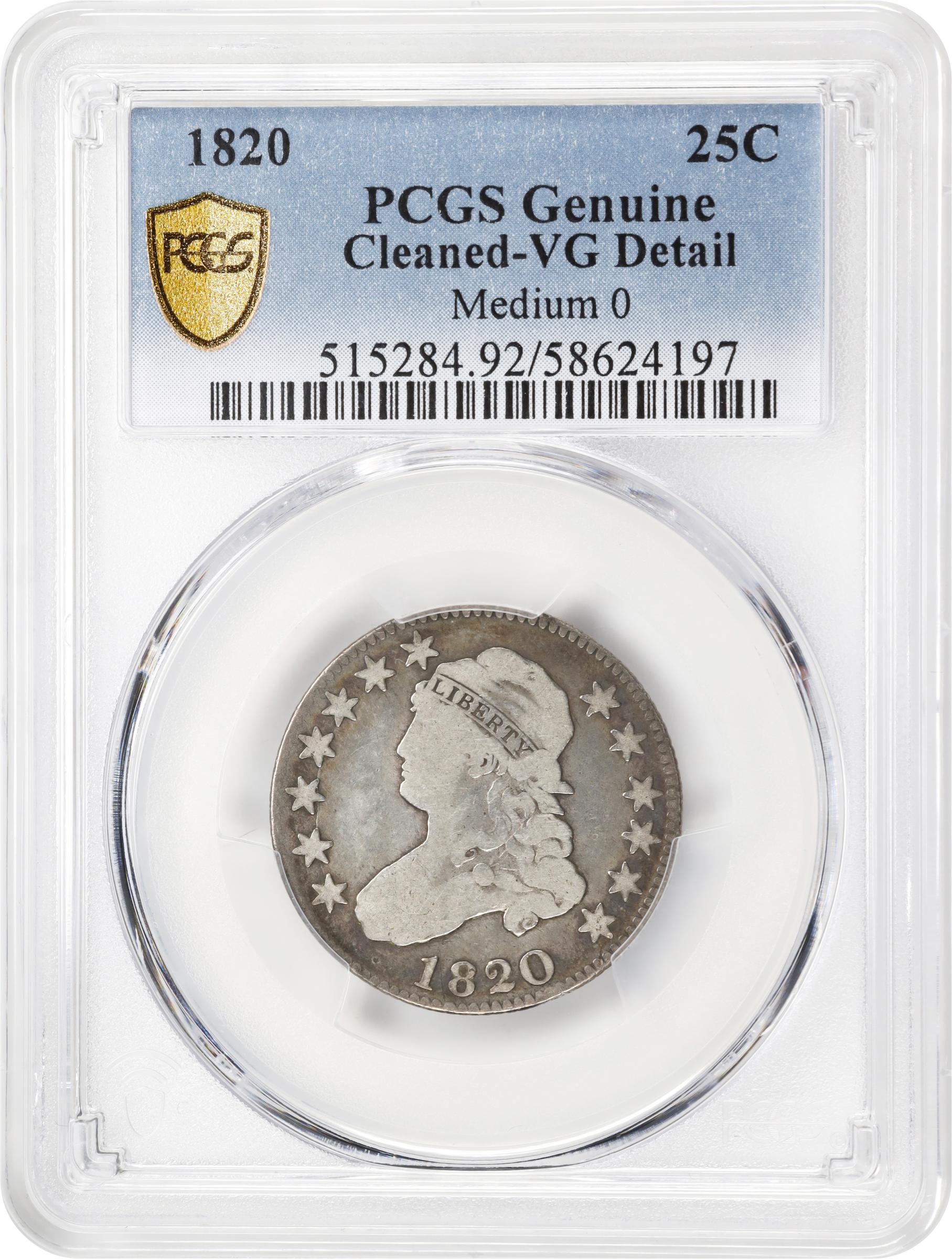 image for: 1820 Capped Bust Quarter. B-3. Rarity-3. Medium 0. VG Details--Cleaned (PCGS).