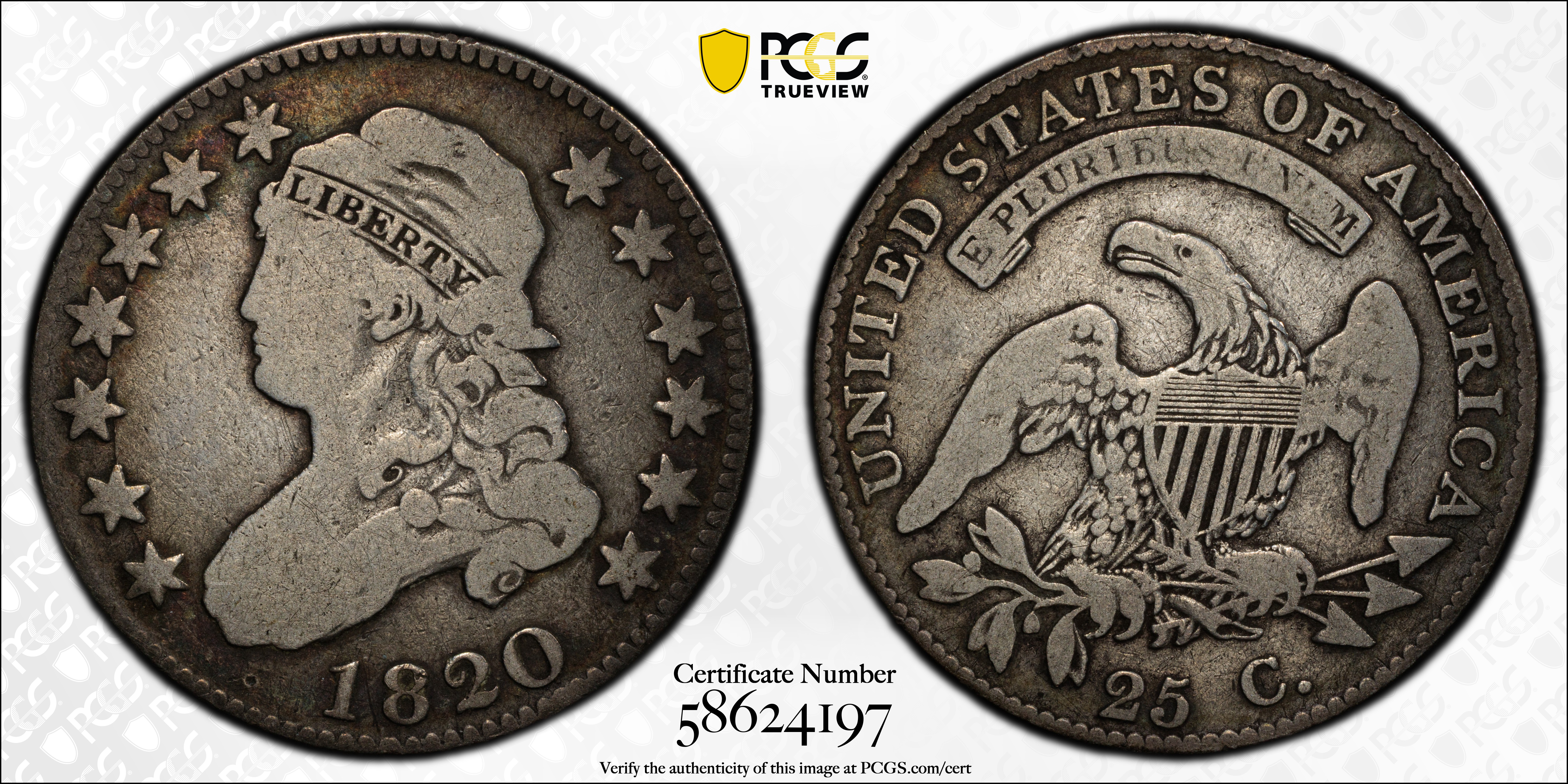 image for: 1820 Capped Bust Quarter. B-3. Rarity-3. Medium 0. VG Details--Cleaned (PCGS).