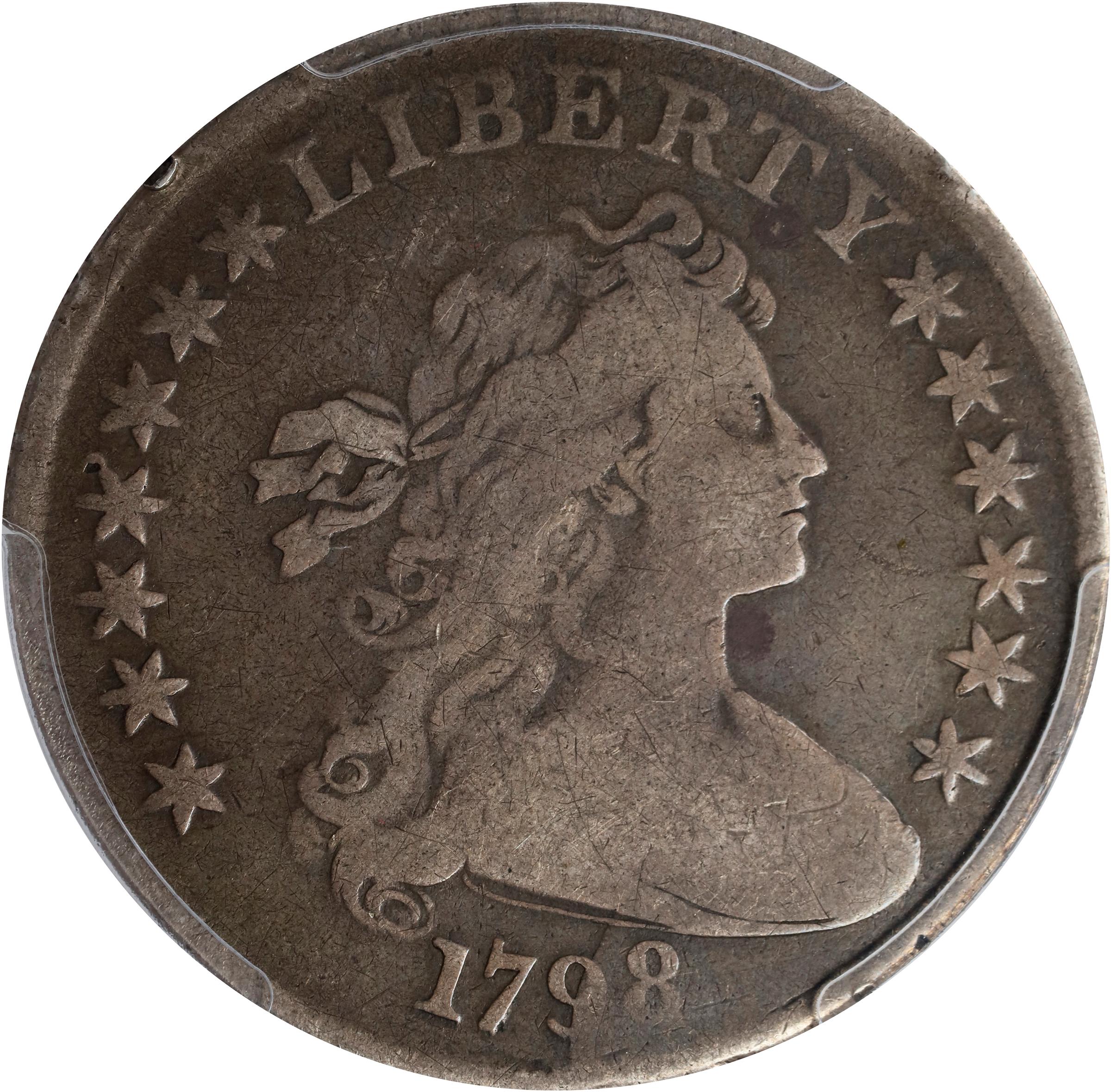 image for: 1798 Draped Bust Silver Dollar. Heraldic Eagle. BB-115, B-31. Rarity-5. Pointed 9, Close Date. Good-6 (PCGS).