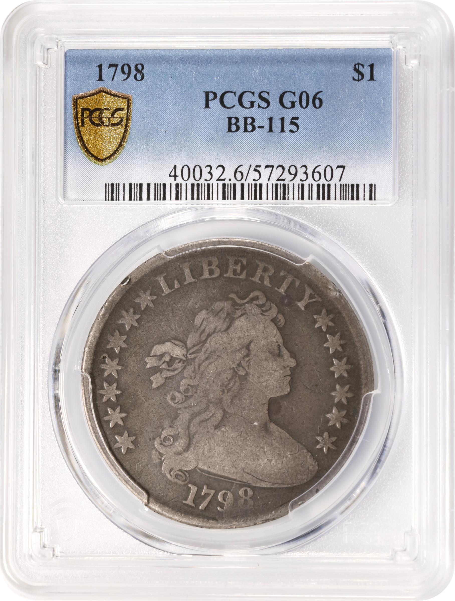 image for: 1798 Draped Bust Silver Dollar. Heraldic Eagle. BB-115, B-31. Rarity-5. Pointed 9, Close Date. Good-6 (PCGS).