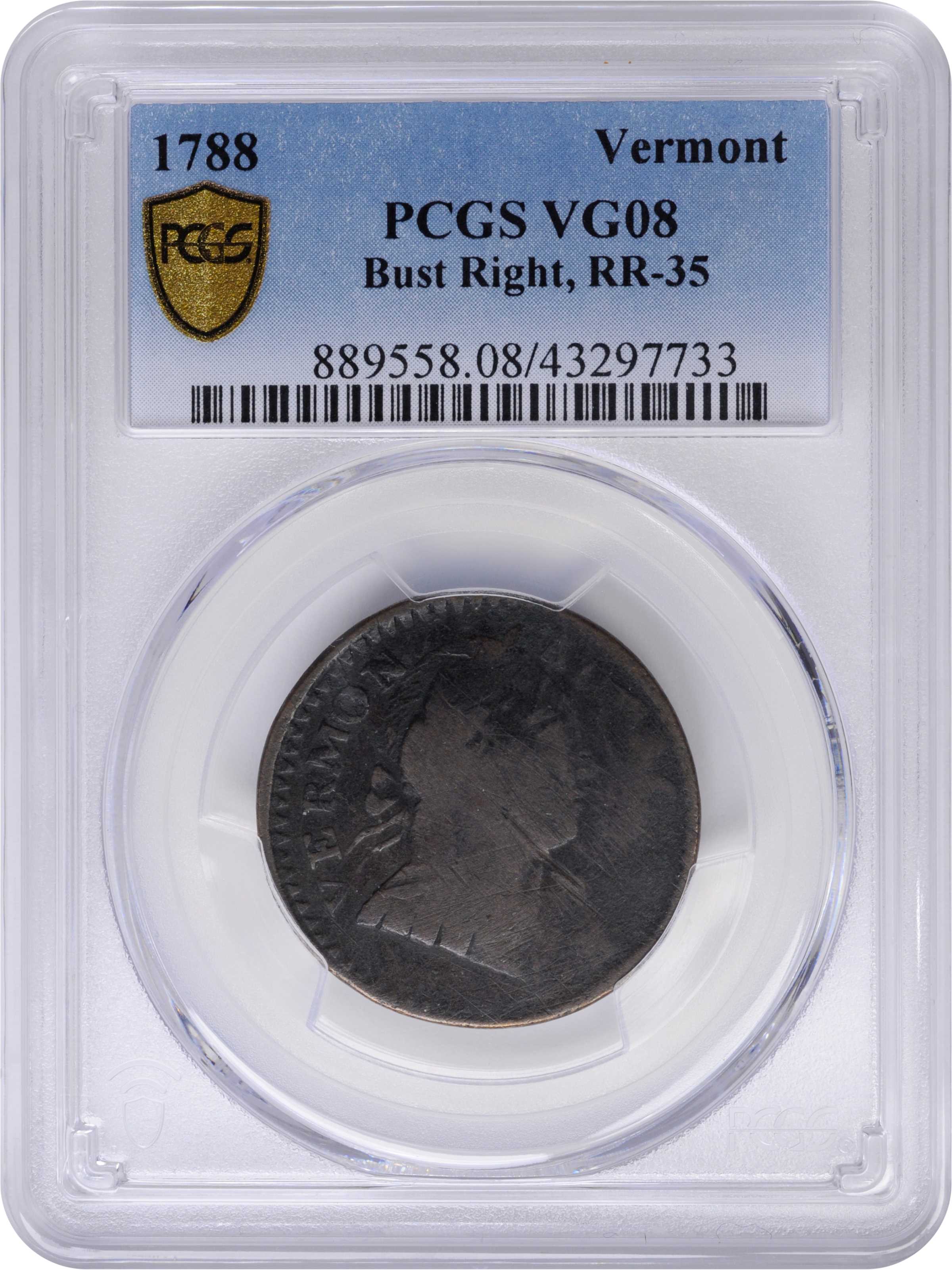 image for: 1788 Vermont Copper. RR-35, Bressett 20-X, W-2130. Rarity-6+. Bust Right. VG-8 (PCGS).