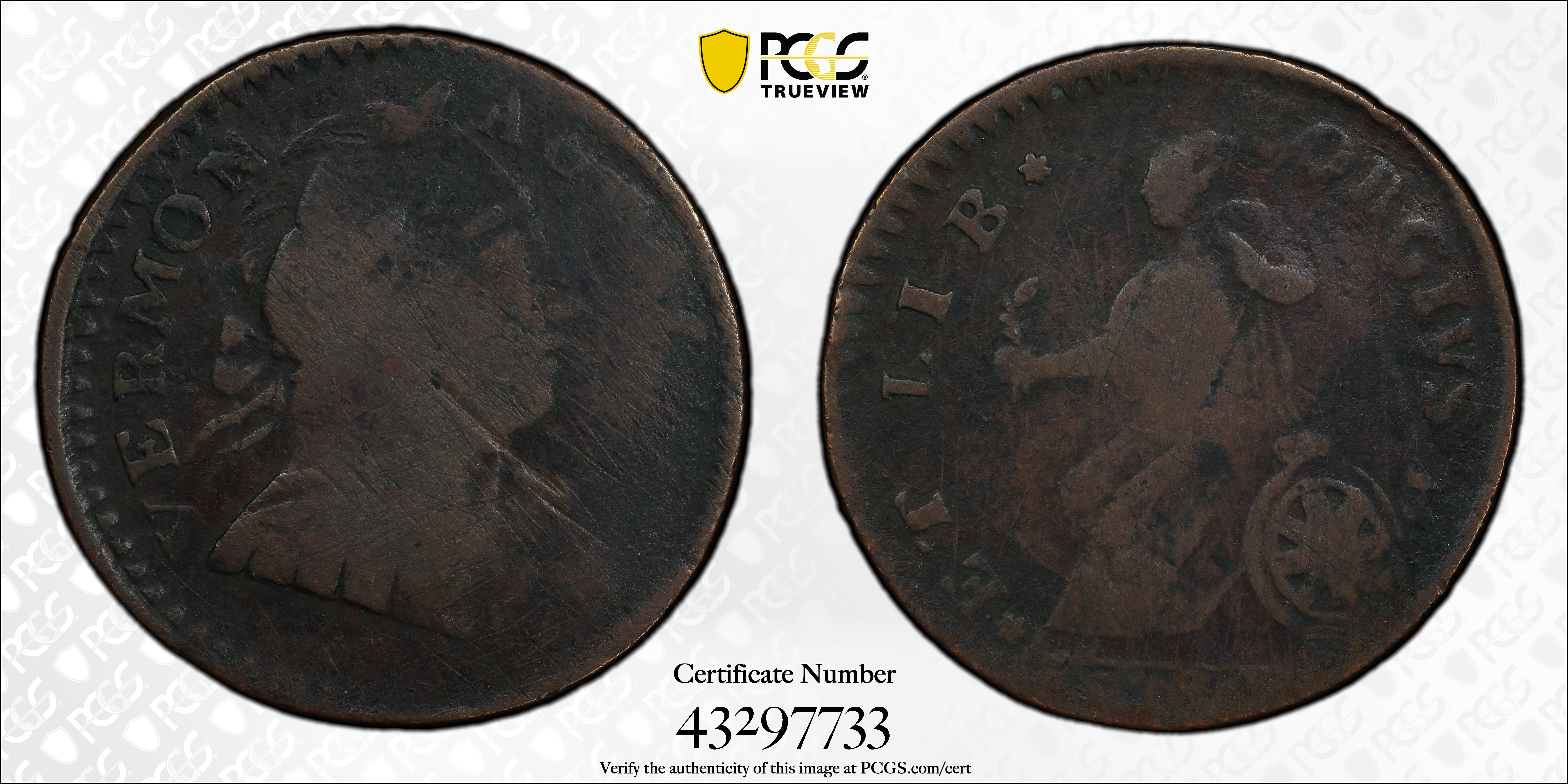 image for: 1788 Vermont Copper. RR-35, Bressett 20-X, W-2130. Rarity-6+. Bust Right. VG-8 (PCGS).