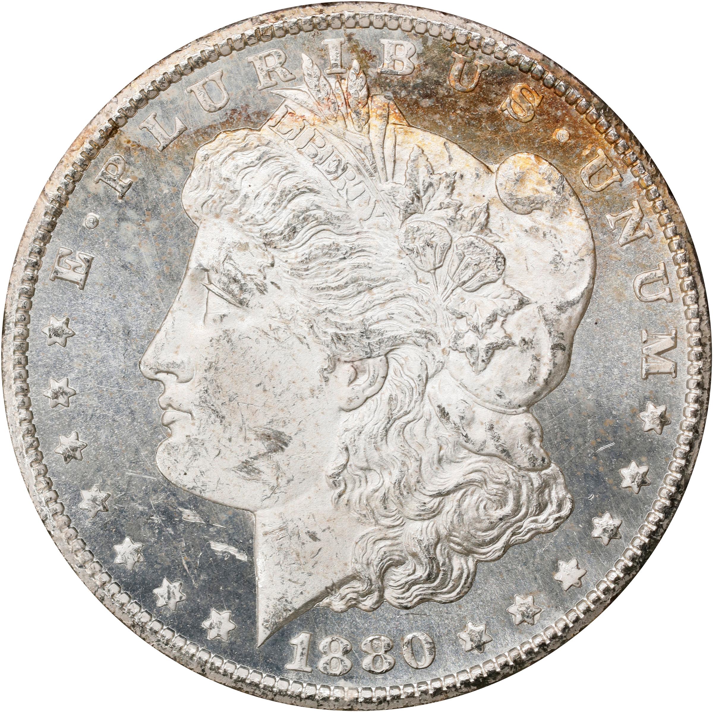 image for: 1880-CC GSA Morgan Silver Dollar. VAM-6. Top 100 Variety. Second 8/7, Spikes Overdate. MS-62 (NGC).