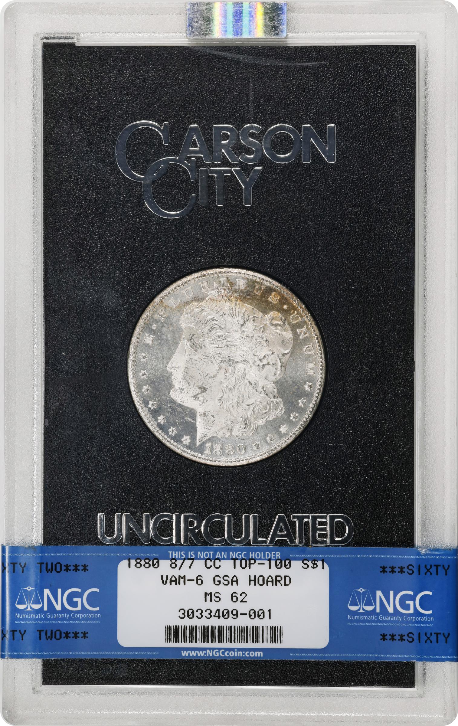 image for: 1880-CC GSA Morgan Silver Dollar. VAM-6. Top 100 Variety. Second 8/7, Spikes Overdate. MS-62 (NGC).