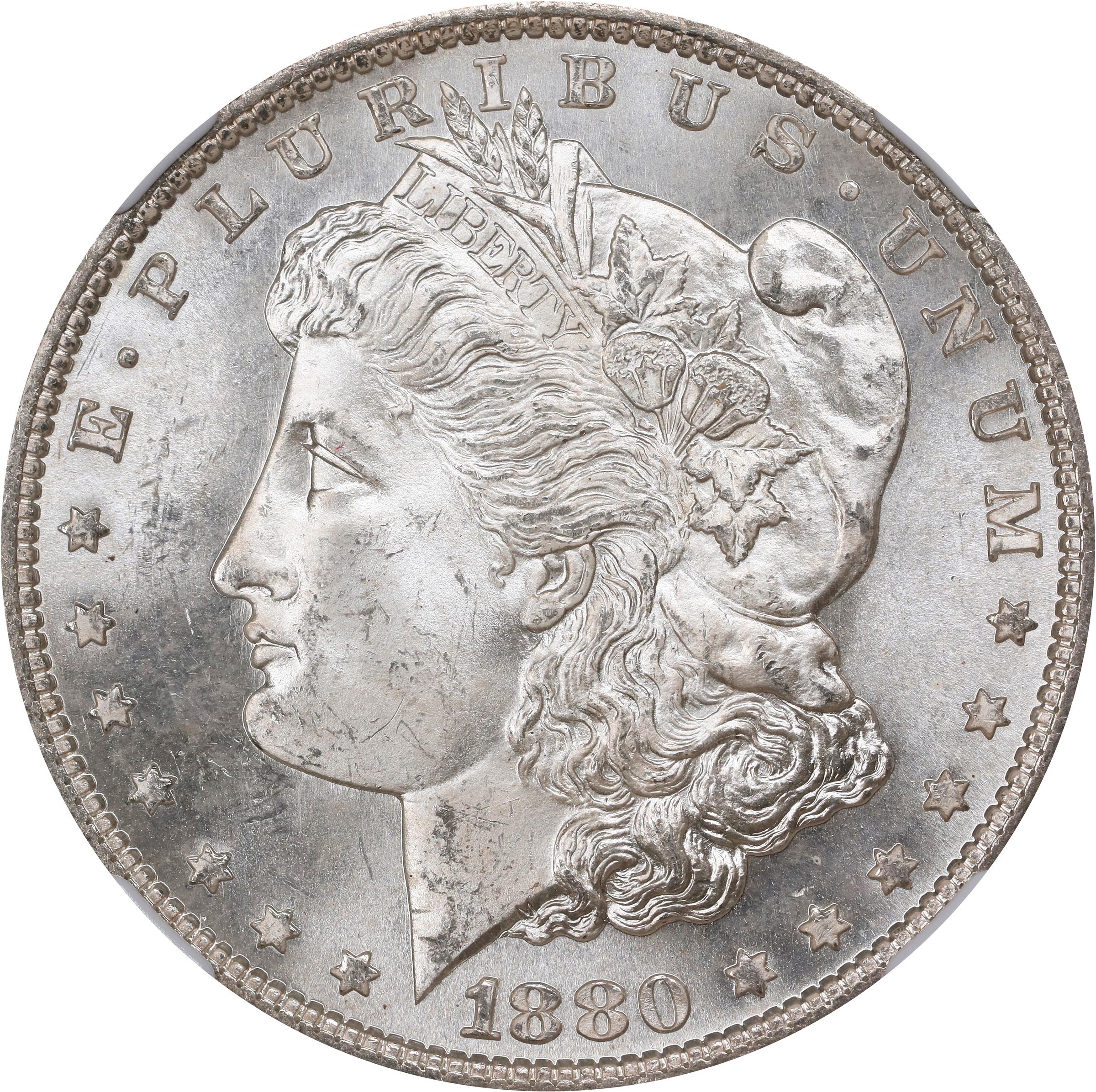 image for: 1880-S Morgan Silver Dollar. VAM-12. Hit List 40. 8/7. Checkmark, Medium S. MS-65 (NGC).