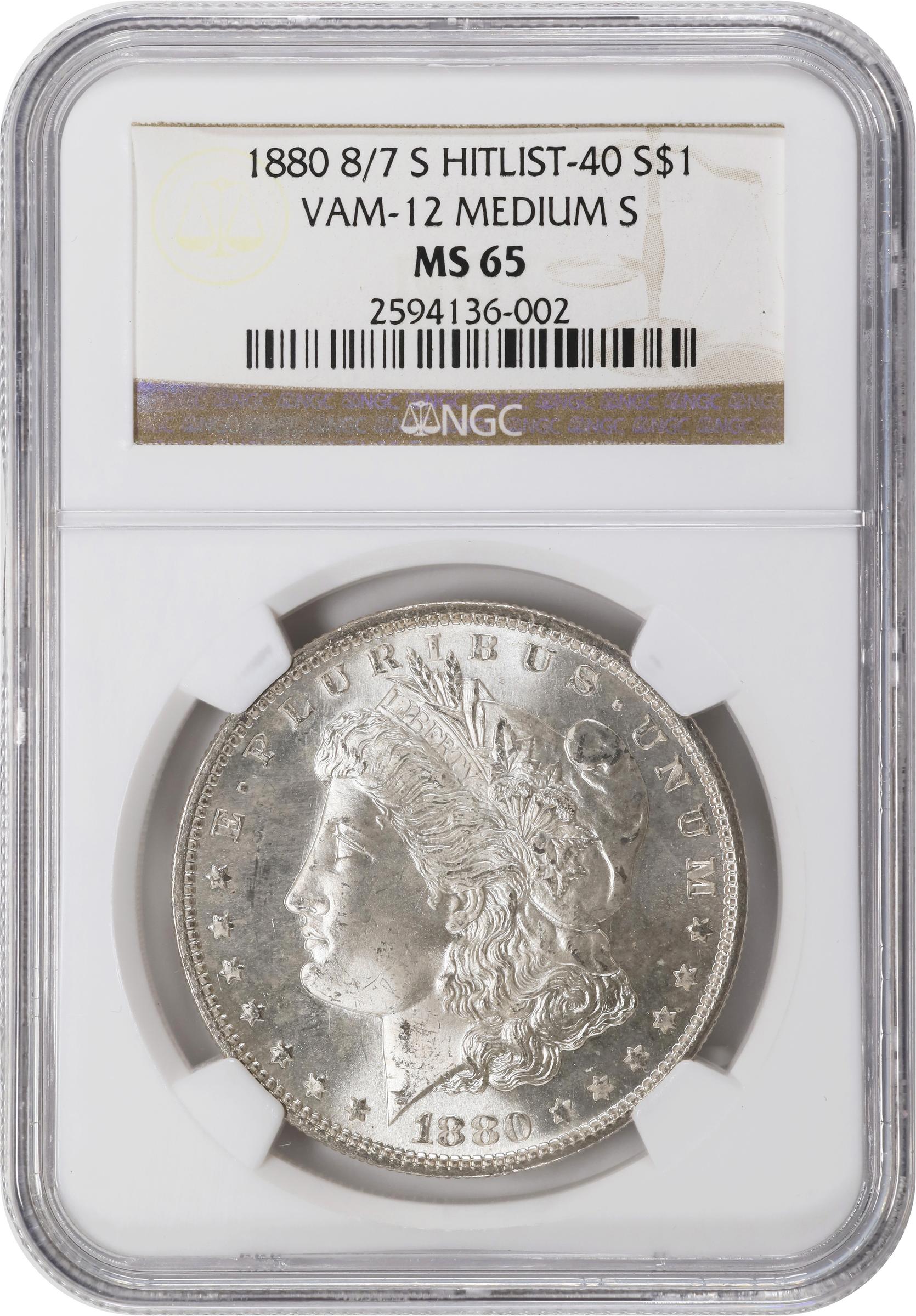 image for: 1880-S Morgan Silver Dollar. VAM-12. Hit List 40. 8/7. Checkmark, Medium S. MS-65 (NGC).