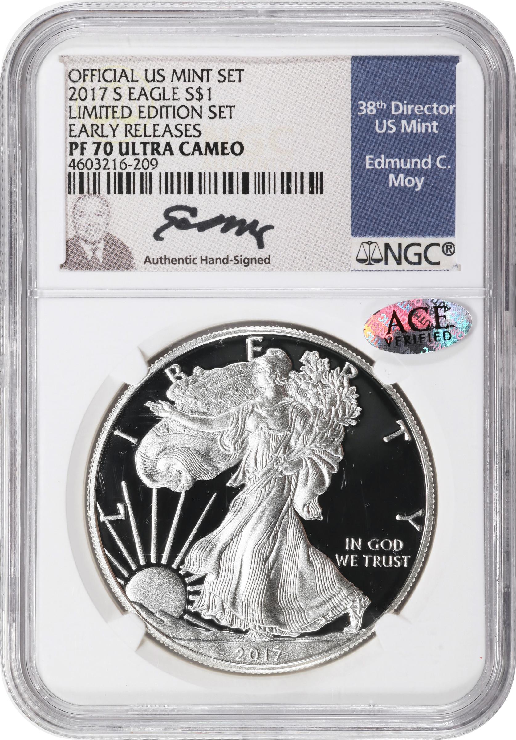 image for: 2017-S Silver Eagle. Limited Edition Set. Early Releases. Proof-70 Ultra Cameo (NGC). 38th Mint Director Edmund C. Moy Signature.