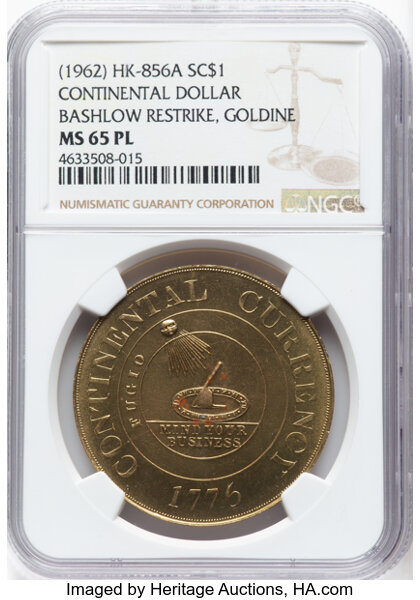 image for: (1962) Continental Dollar, Bashlow Restrike, Goldine, HK-856a, W-15625, R.3, MS65 Prooflike NGC. NGC Census: (24/27)....
