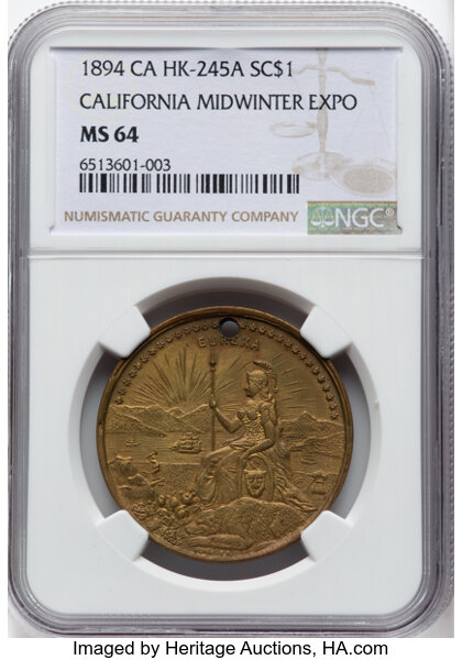 image for: 1894 California Midwinter Exposition, Type II, Brass, HK-245a, SH 7-2 BS, R.5, MS64 NGC. NGC Census: (4/1)....