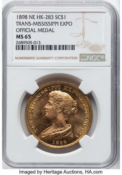 image for: 1898 Trans-Mississippi Exposition, Official Medal, Brass, HK-283, SH 10-1 GP, R.3, MS65 NGC. Omaha, NE. NGC Census: (27/18)....