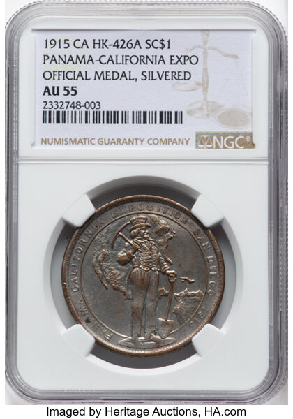 image for: 1915 Panama-California Exposition, Official Medal, Silvered, HK-426a, SH 19-1 SP, R.6, AU55 NGC. ...