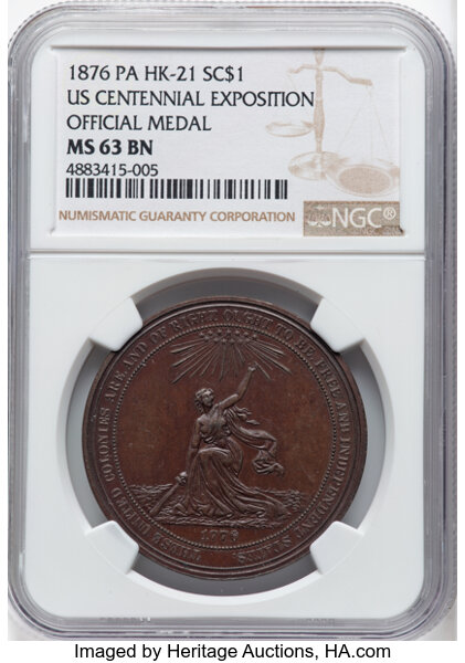 image for: 1876 U.S. Centennial Exposition, Official Medal, Bronze, HK-21, Julian-CM-10, Abler-40, SH 2-1 BZ, R.3, MS63 Brown NGC. NGC ...