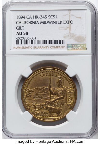 image for: 1894 California Midwinter Exposition, Gilt, HK-245, SH 7-1 GP, AU58 NGC. ...