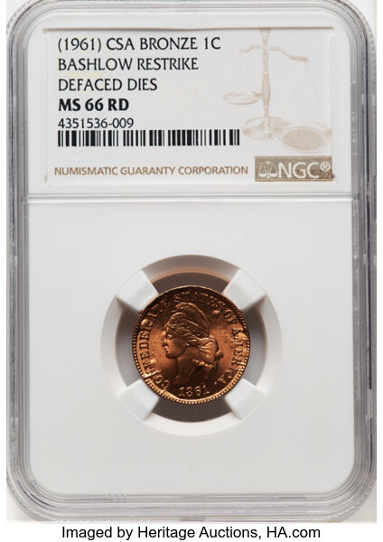 image for: (1961) 1C Confederate States of America Cent, Bashlow Restrike, Defaced Dies, Bronze, MS66 Red NGC. Breen-8013, Bertram-B861-...