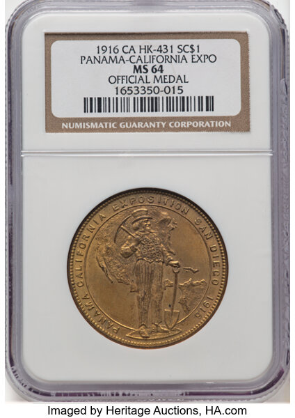 image for: 1916 Panama-California Exposition, Official Medal, Gilt Bronze, HK-431, SH 19-2 GP, R.6, MS64 NGC. NGC Census: (9/4)....